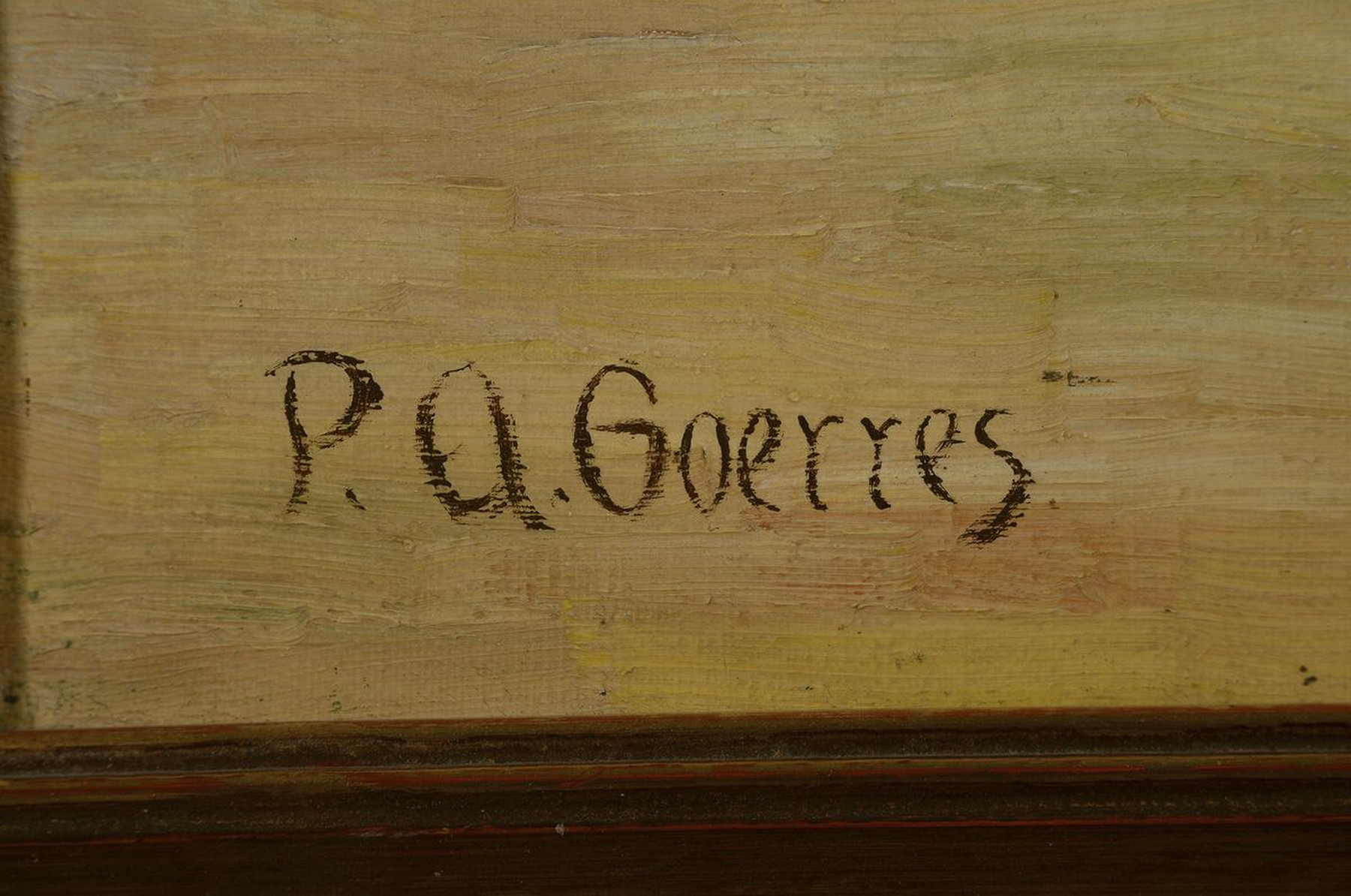 Detail a: P.A. Goerres, wohl Weimarer Schule, um 1935,Blumenstillleben mit Iris in Vase vor Fenster stehend, z.T. im Gegenlicht, dadurch aufleuchtend der roten ...