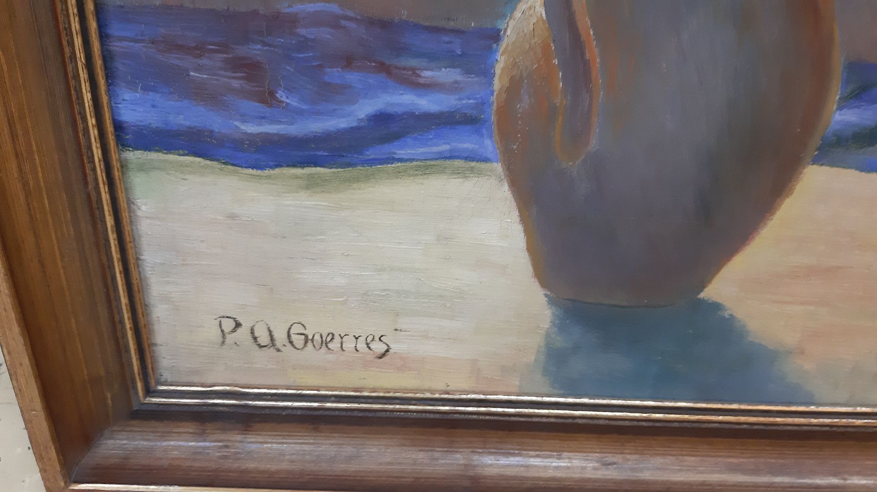 Detail c: P.A. Goerres, wohl Weimarer Schule, um 1935,Blumenstillleben mit Iris in Vase vor Fenster stehend, z.T. im Gegenlicht, dadurch aufleuchtend der roten ...