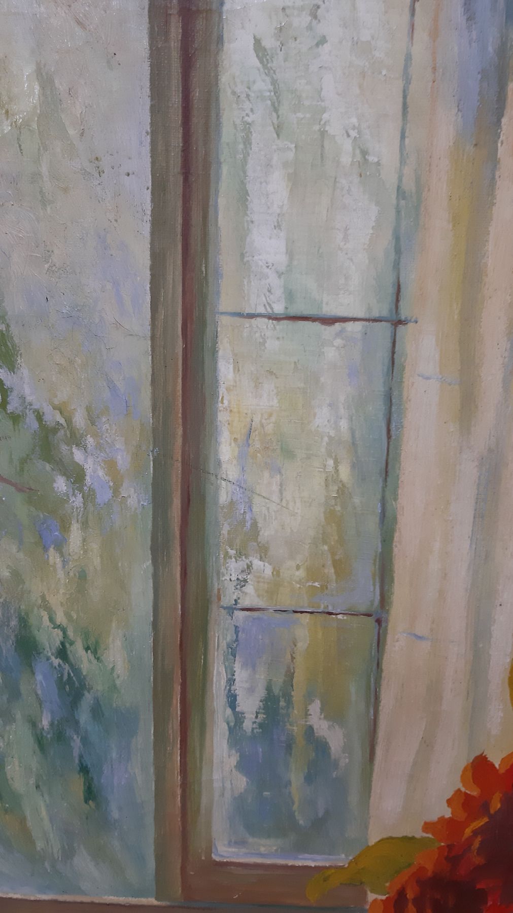 Detail e: P.A. Goerres, wohl Weimarer Schule, um 1935,Blumenstillleben mit Iris in Vase vor Fenster stehend, z.T. im Gegenlicht, dadurch aufleuchtend der roten ...