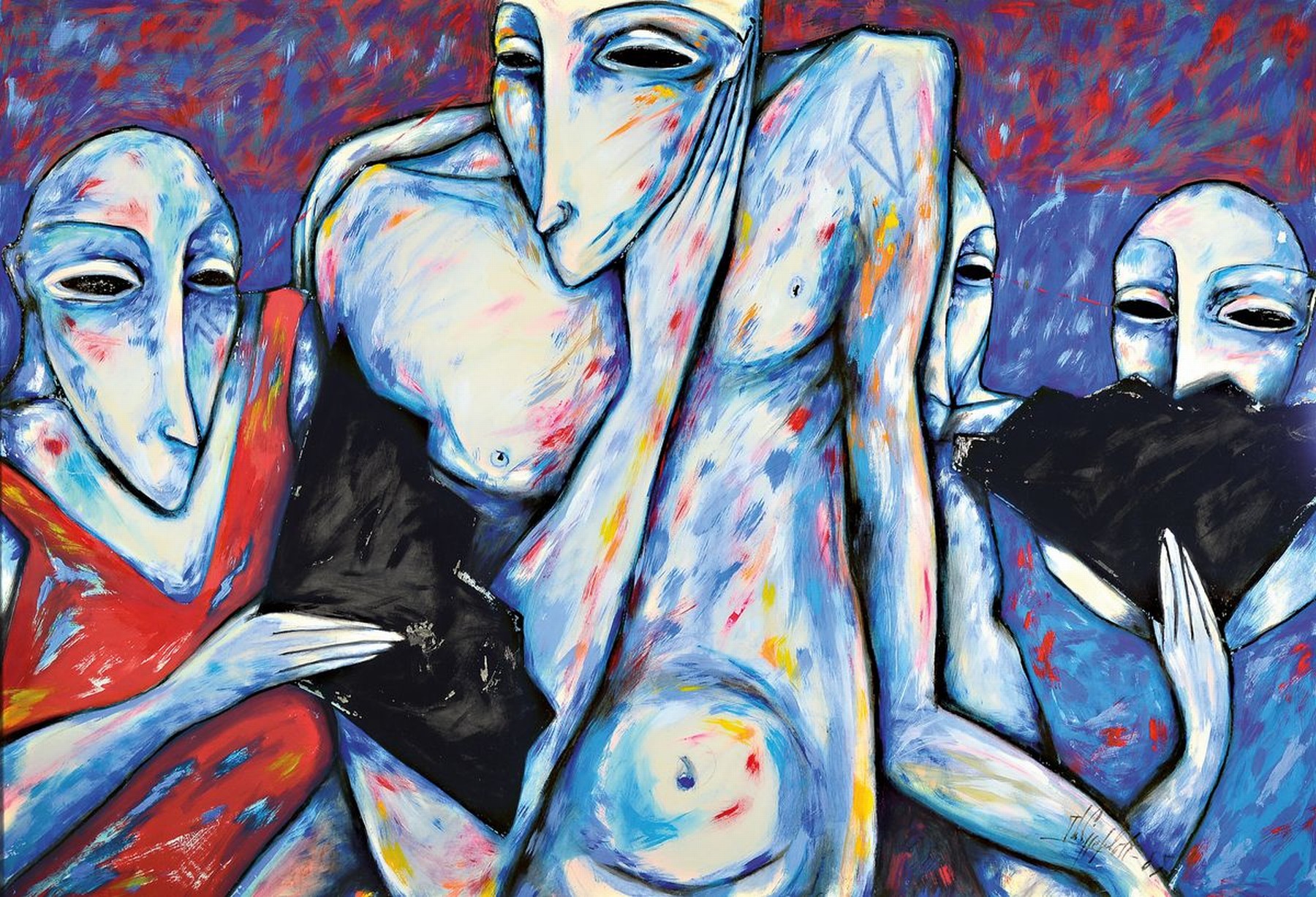 Philippe Schott, geb. 1958 Straßburg, Studium an der Ecole des Beaux Arts Straßburg,hier: abstrakte Figuren-Komposition, Gouache und Mischtechnik, ...