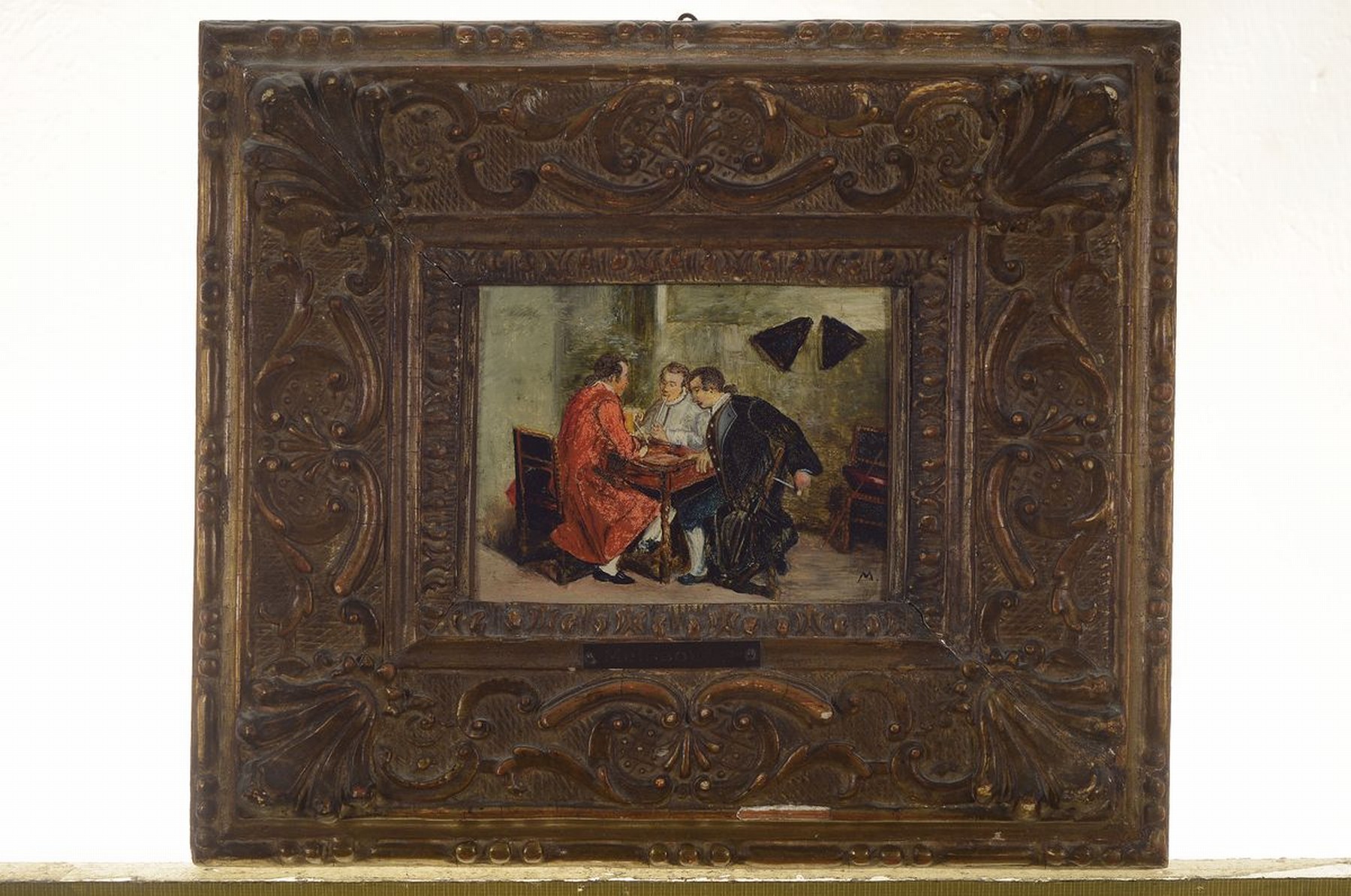Detail k: Zuschreibung: Ernest Meissonier, 1815-1891, Drei Männer im Gespräch am Tisch, Öl/Holz, rechts unten monogrammiert M, ca. 9x11.5cm, Rahmen mit ...
