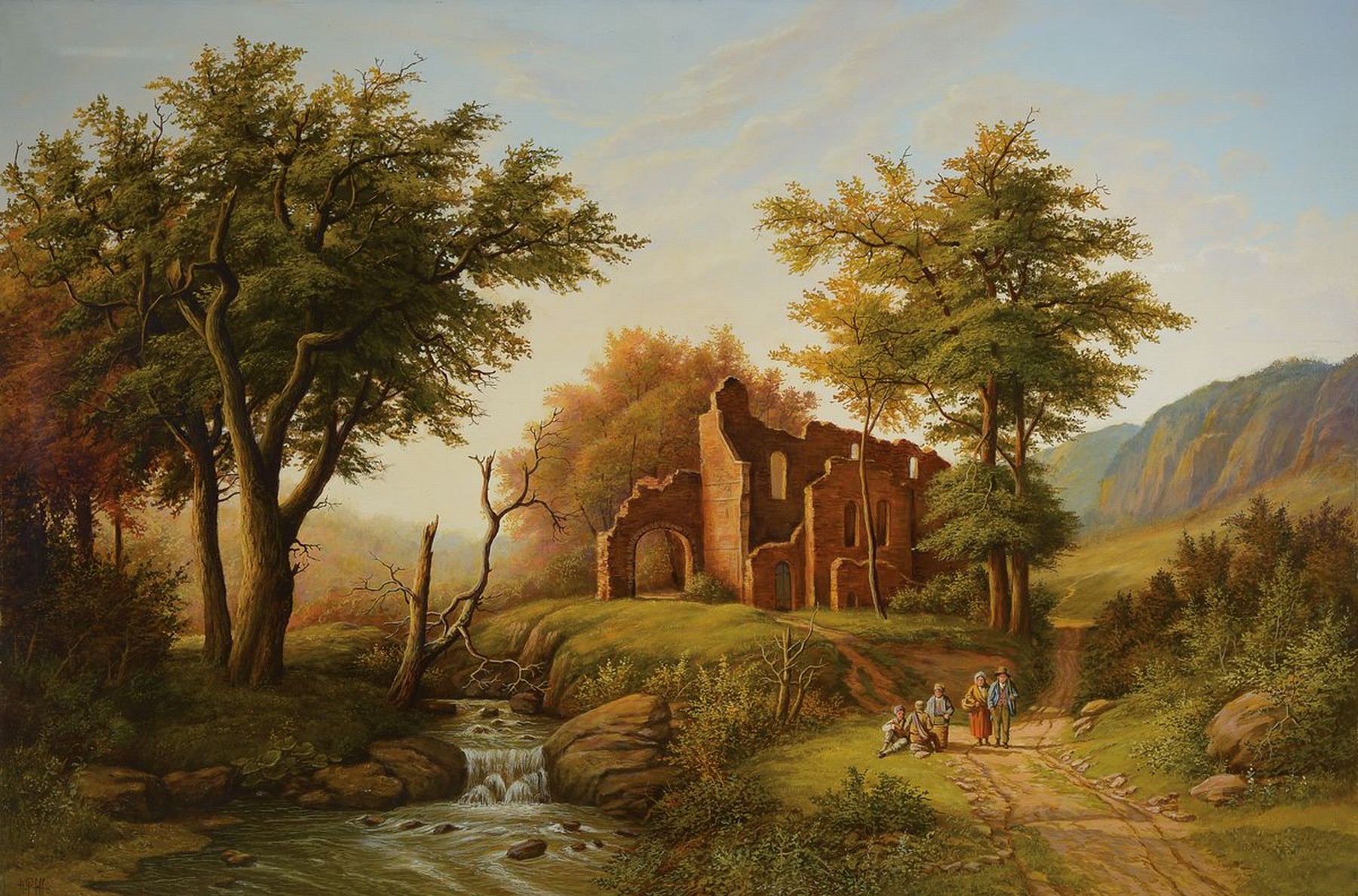 Hans Pfaff, 1939-2019, Landschaft mit Ruine und Personen im Stil der Romantik, Öl/Lwd, links unten signiert, ca. 80x120cm