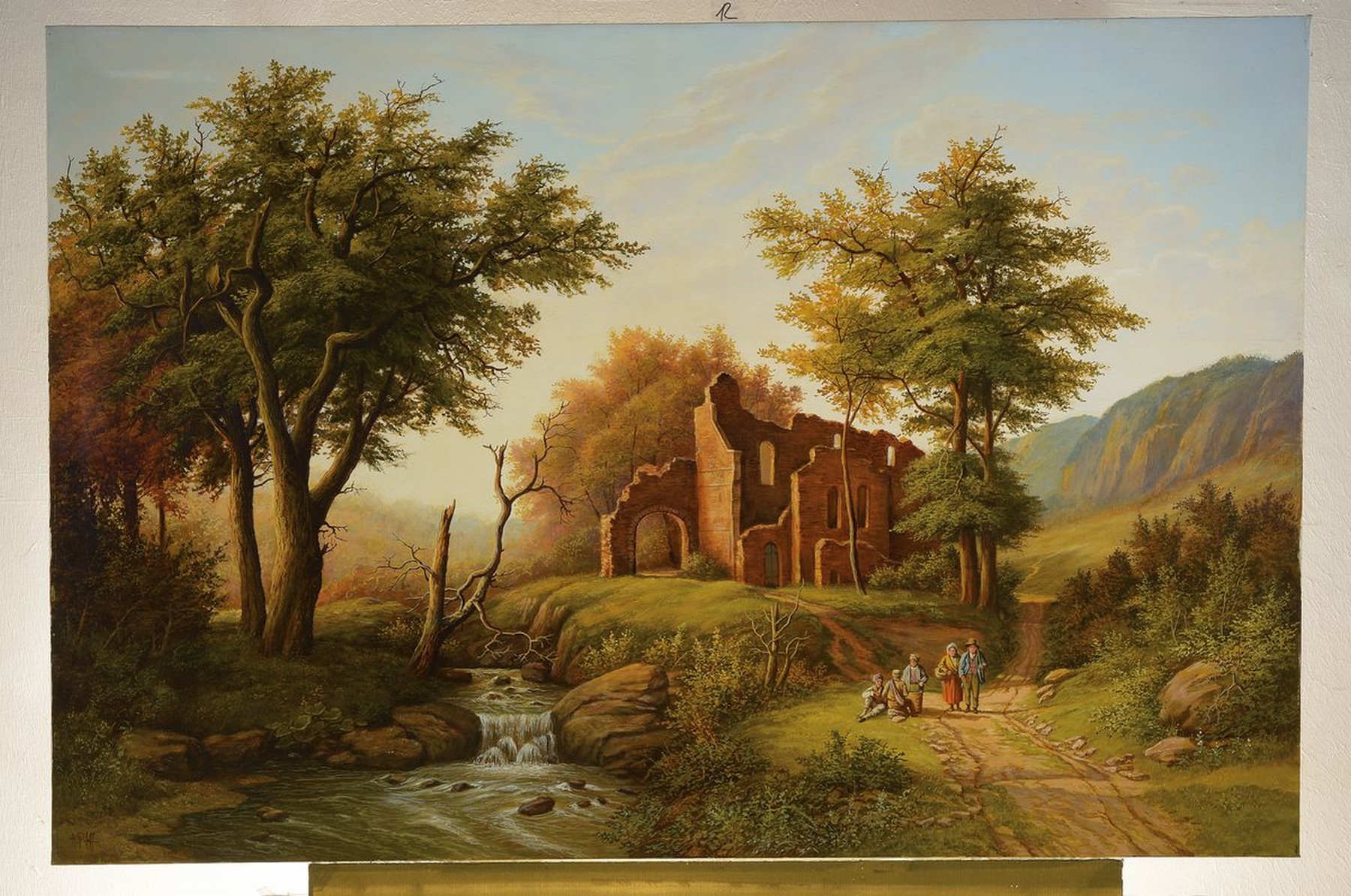 Detail k: Hans Pfaff, 1939-2019, Landschaft mit Ruine und Personen im Stil der Romantik, Öl/Lwd, links unten signiert, ca. 80x120cm