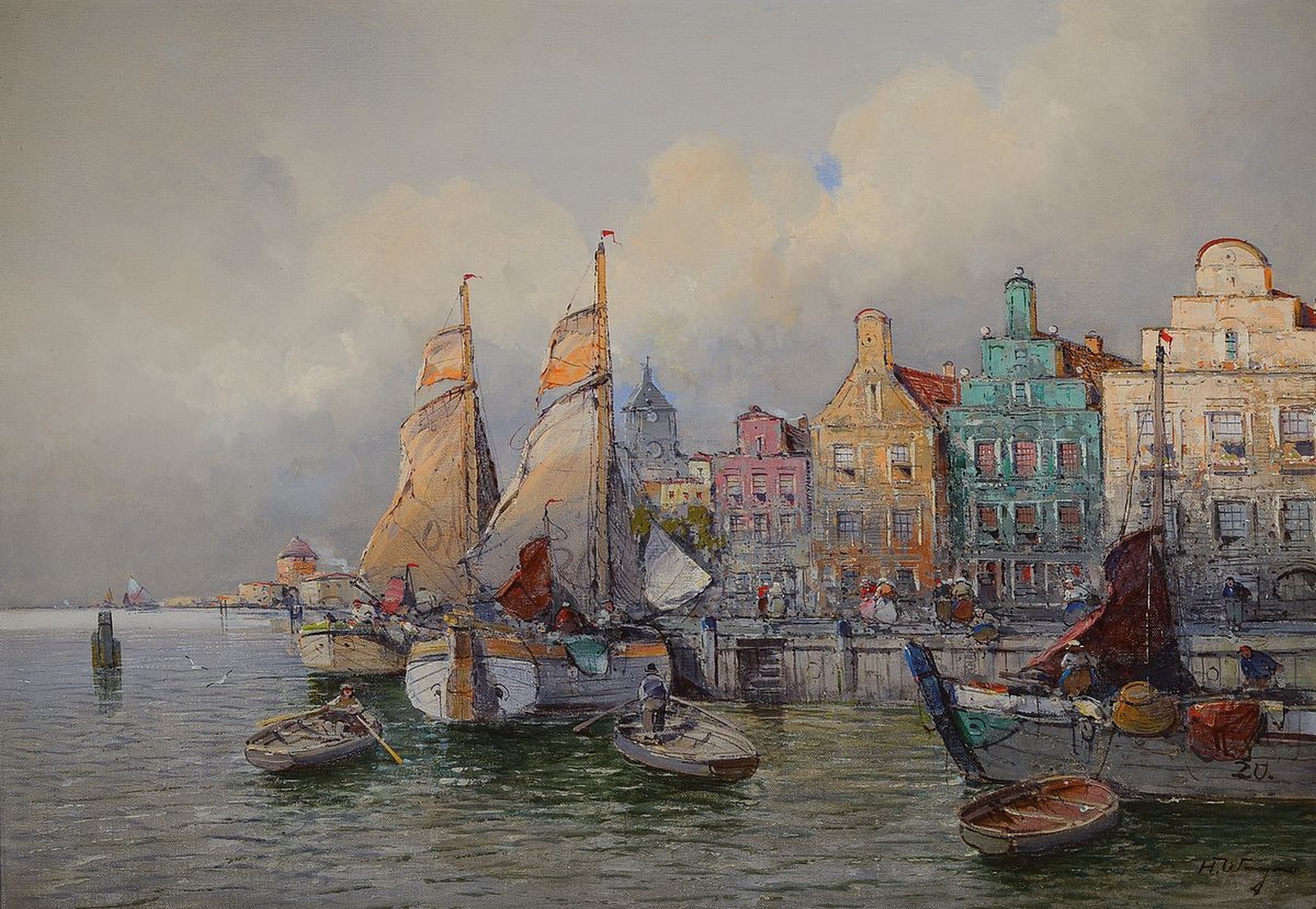 H. Wagner, Pseudonym des Georg Fischhof, 1859-1914, Blick auf einen holländischen Hafen, Öl/Lwd, rechts unten signiert, ca. 70x 100cm, R. ca. ...