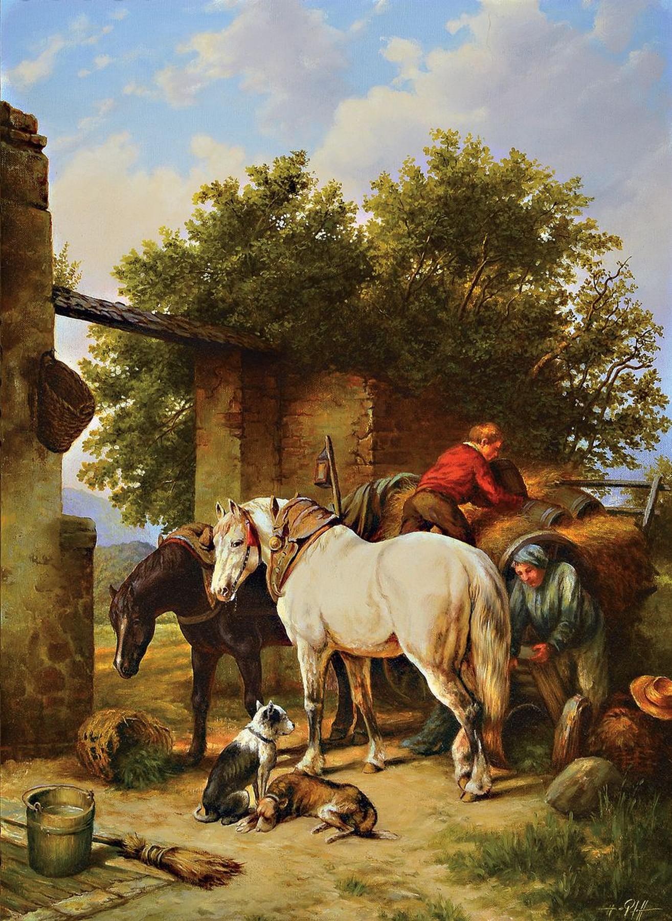 Hans Pfaff, 1939-2019, Männer mit Heuwagen, Pferden und Hunden vor einem Stadttor, Öl/ Lwd, signiert, ca. 74x54cm, R. ca. 90x70cm