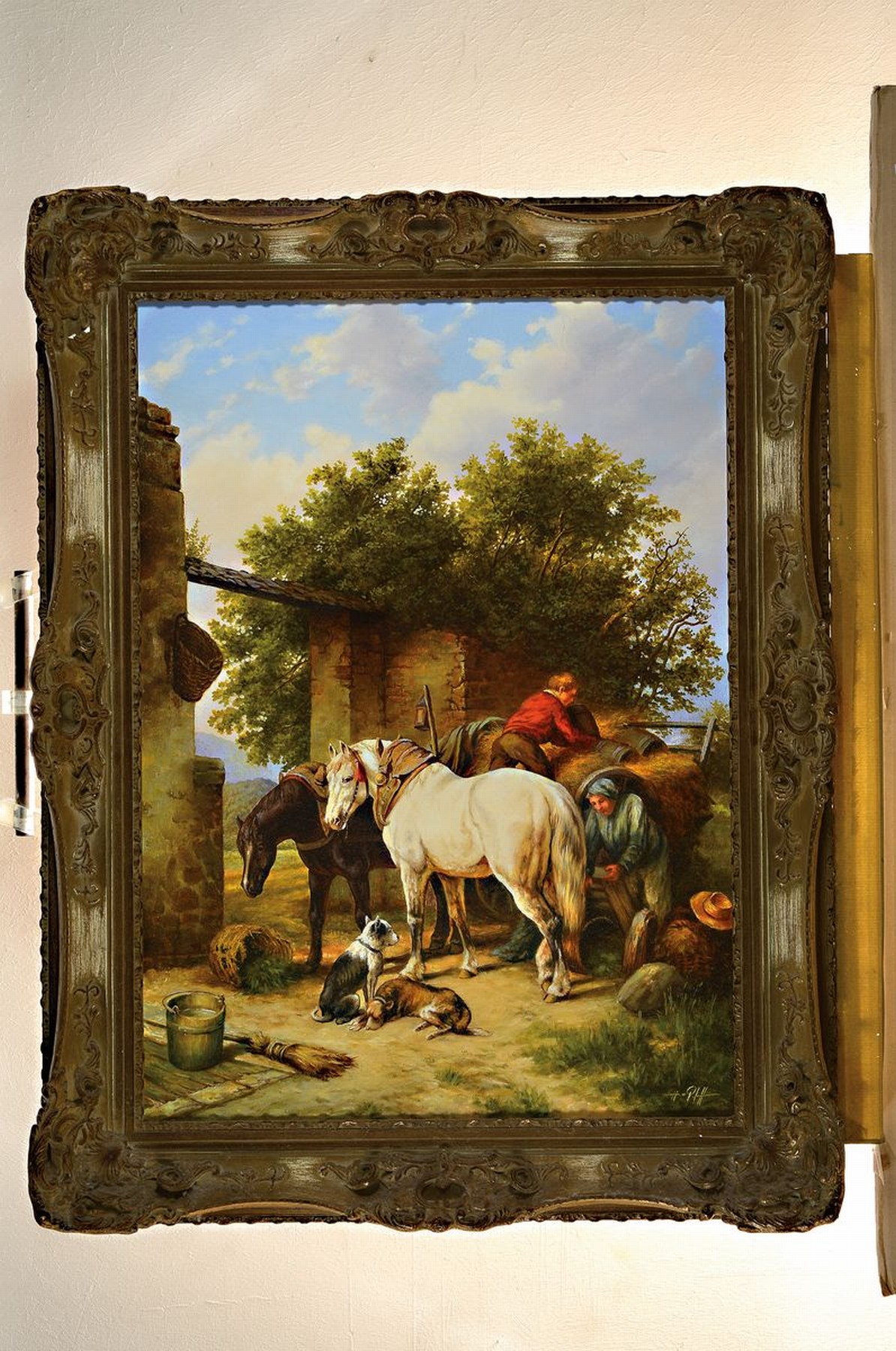 Detail k: Hans Pfaff, 1939-2019, Männer mit Heuwagen, Pferden und Hunden vor einem Stadttor, Öl/ Lwd, signiert, ca. 74x54cm, R. ca. 90x70cm