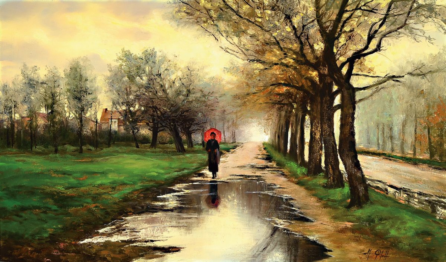 Hans Pfaff, 1939-2019, Frau mit rotem Schirm in einer Allee bei Regen, Öl/Lwd, rechts unten signiert, ca. 47x80cm, R. ca. 60x93cm