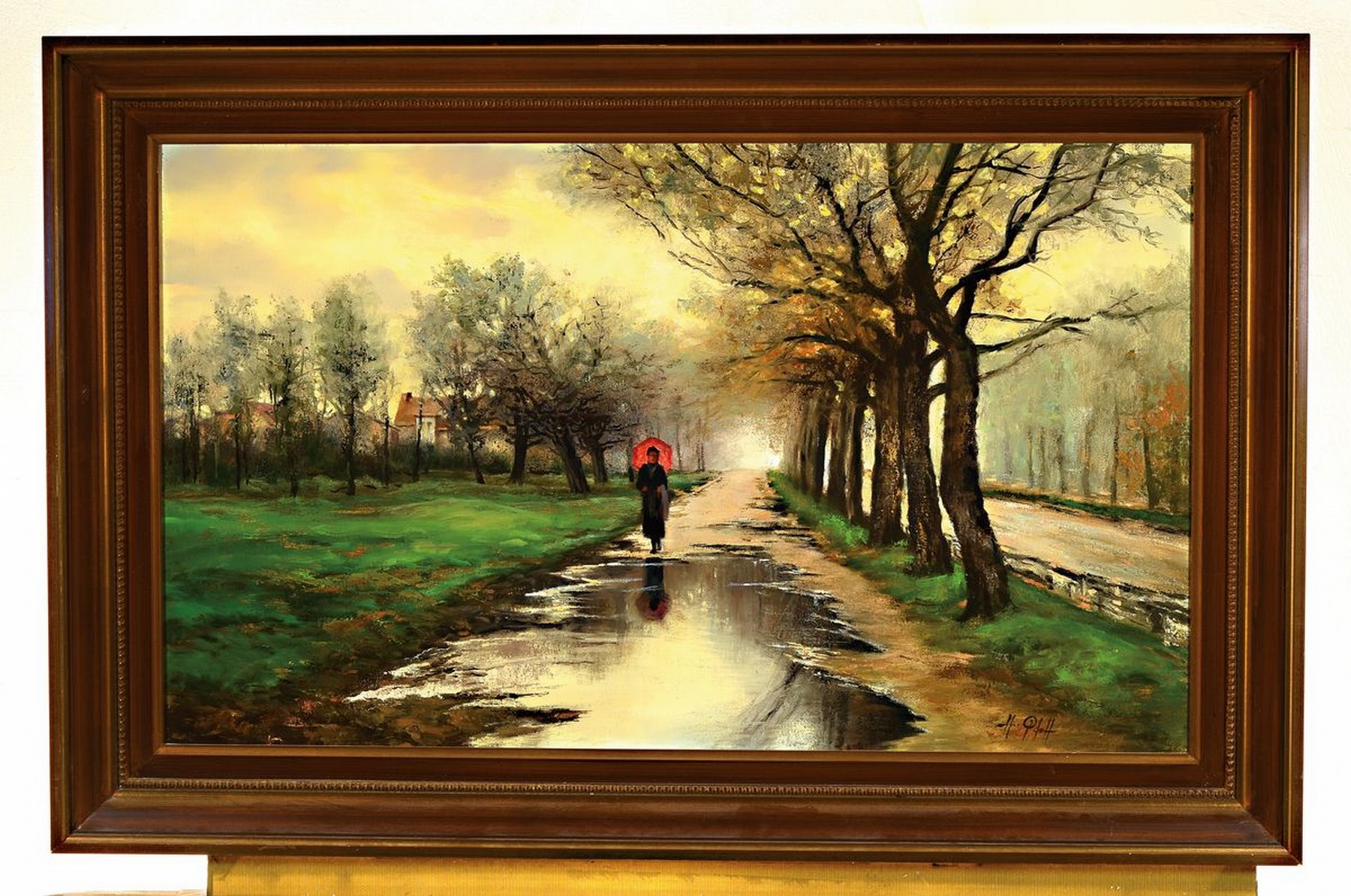 Detail k: Hans Pfaff, 1939-2019, Frau mit rotem Schirm in einer Allee bei Regen, Öl/Lwd, rechts unten signiert, ca. 47x80cm, R. ca. 60x93cm