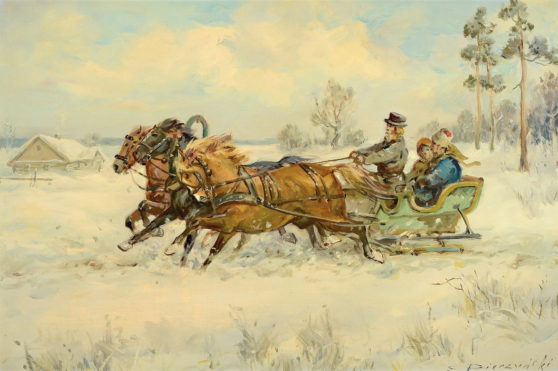 Edward Pierzynski, geb. 1922, polnischer Traditionalist, Winterlandschaft mit Troika-Schlitten, Öl/Lwd, rechts unten signiert, ca. 60x90cm, R. ca. ...