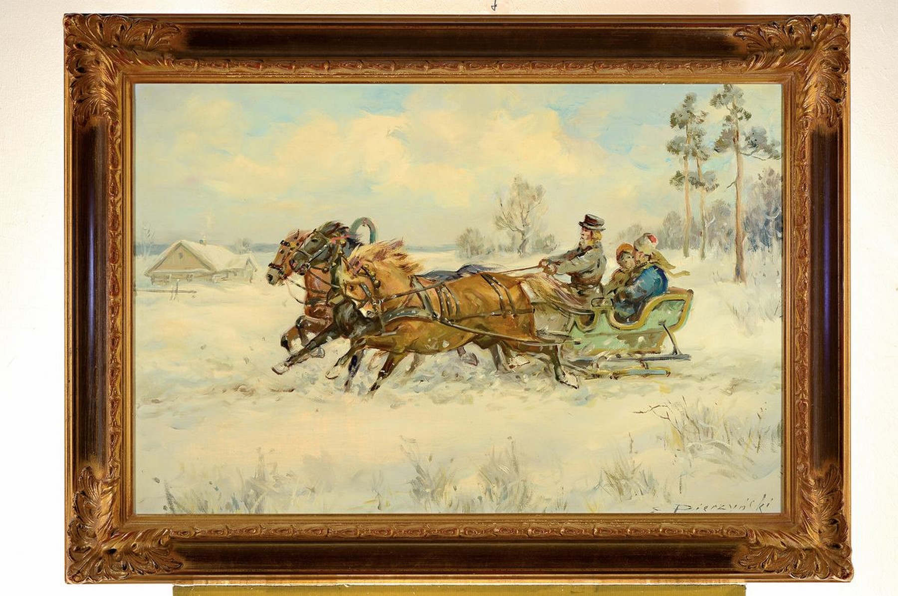 Detail k: Edward Pierzynski, geb. 1922, polnischer Traditionalist, Winterlandschaft mit Troika-Schlitten, Öl/Lwd, rechts unten signiert, ca. 60x90cm, R. ca. ...