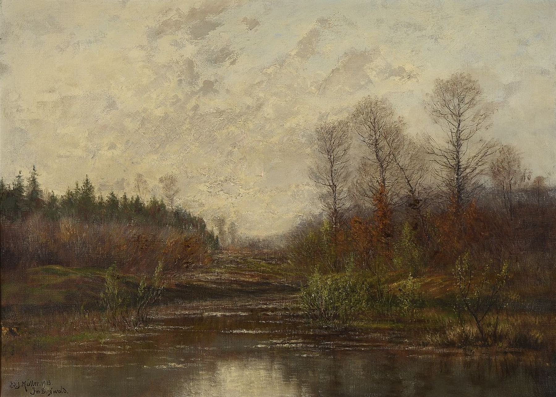 Ed. J. Müller, dat. 1915, "Im Biegwald," Öl/Lwd, li. u. signiert, l. rest., ca. 55 x 78cm, Rahmen: 73 x 94 cm, l. Altersspuren