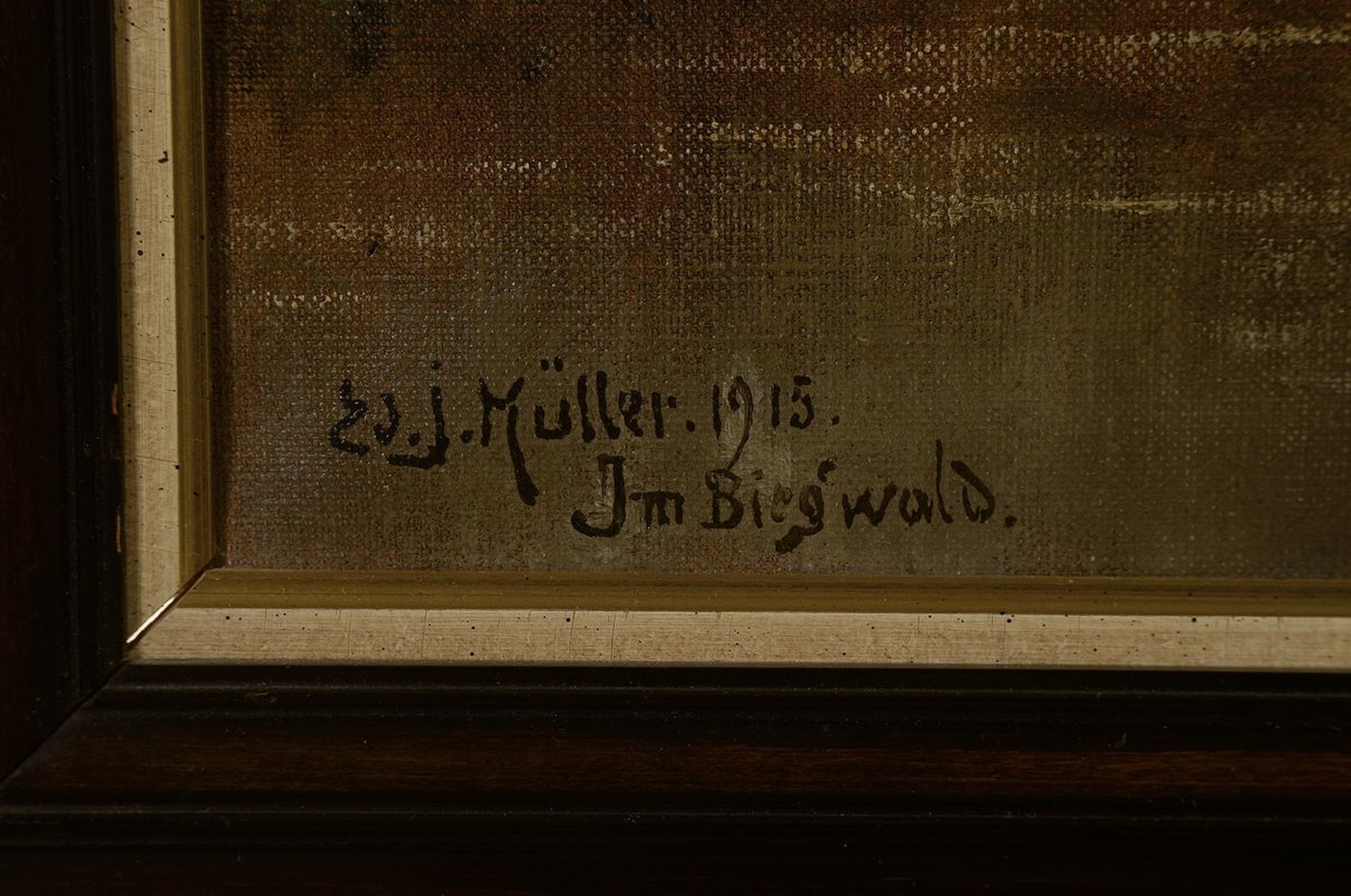 Detail a: Ed. J. Müller, dat. 1915, "Im Biegwald," Öl/Lwd, li. u. signiert, l. rest., ca. 55 x 78cm, Rahmen: 73 x 94 cm, l. Altersspuren