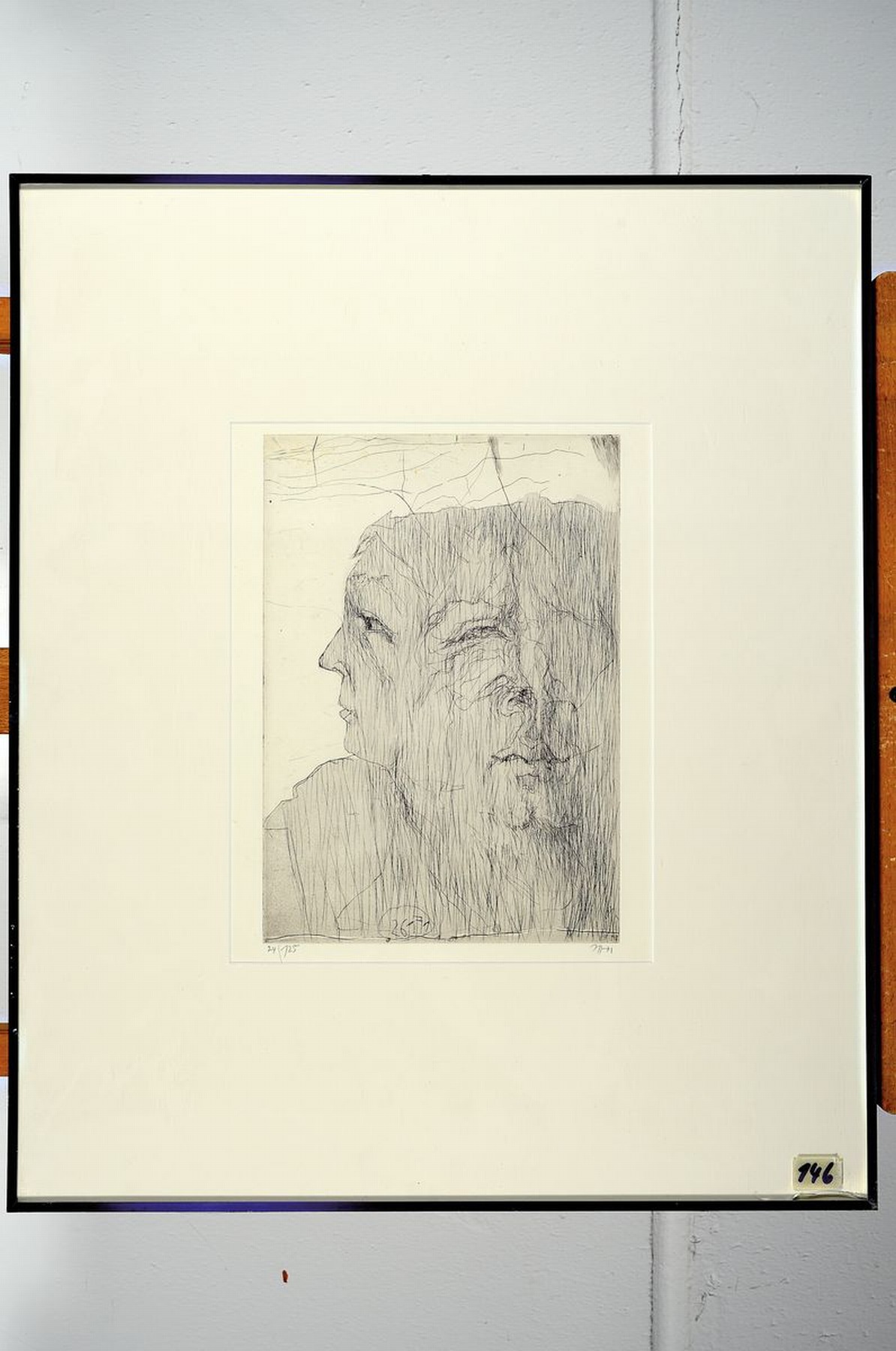 Detail k: Horst Janssen, 1929-1995, Radierung, Selbstporträt, handsigniert, num. 24/125, unter Glas gerahmt, Platte ca. 30x21 cm, gesamt ca. 62x50 cm