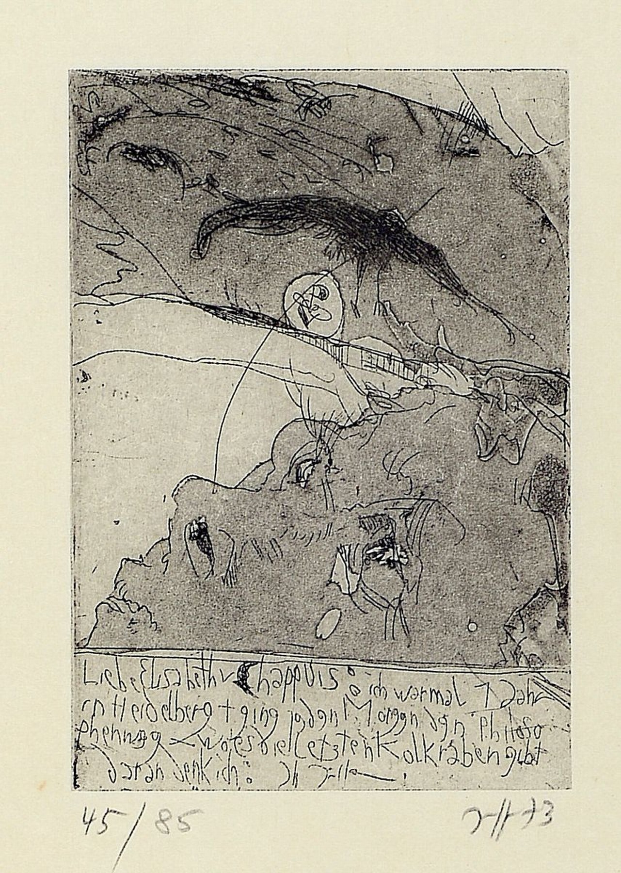 Horst Janssen, 1929-1995, Radierung von 1973, handsigniert und num. 45/85, unter Glas gerahmt, Platte ca. 15x10 cm, gesamt ca. 43x51 cm