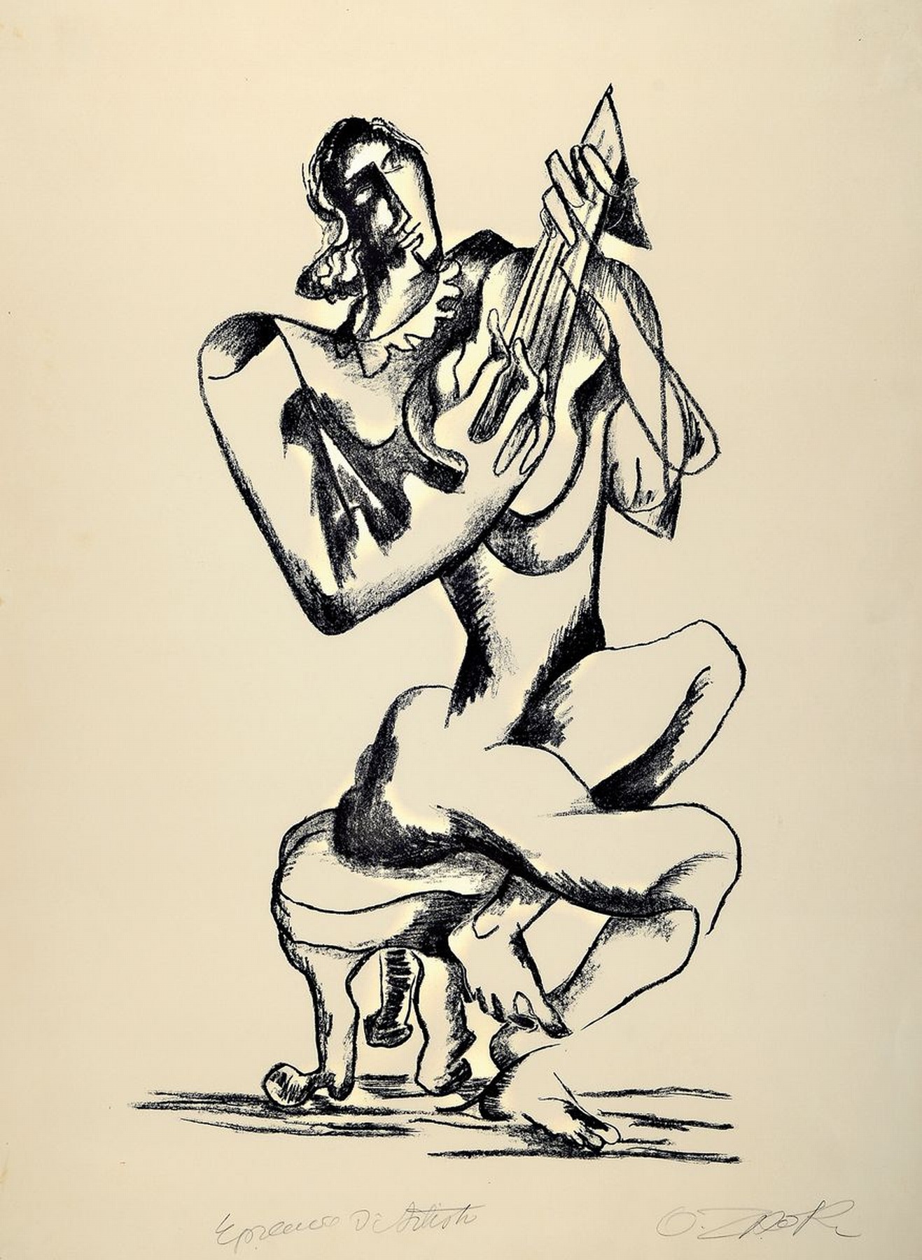 Ossip Zadkine, 1890-1967, Le joueur de Luth, Lithographie von 1965, handsigniert, bezeichnet: epreuve d'Artiste, unter Glas gerahmt, Blatt ca. ...