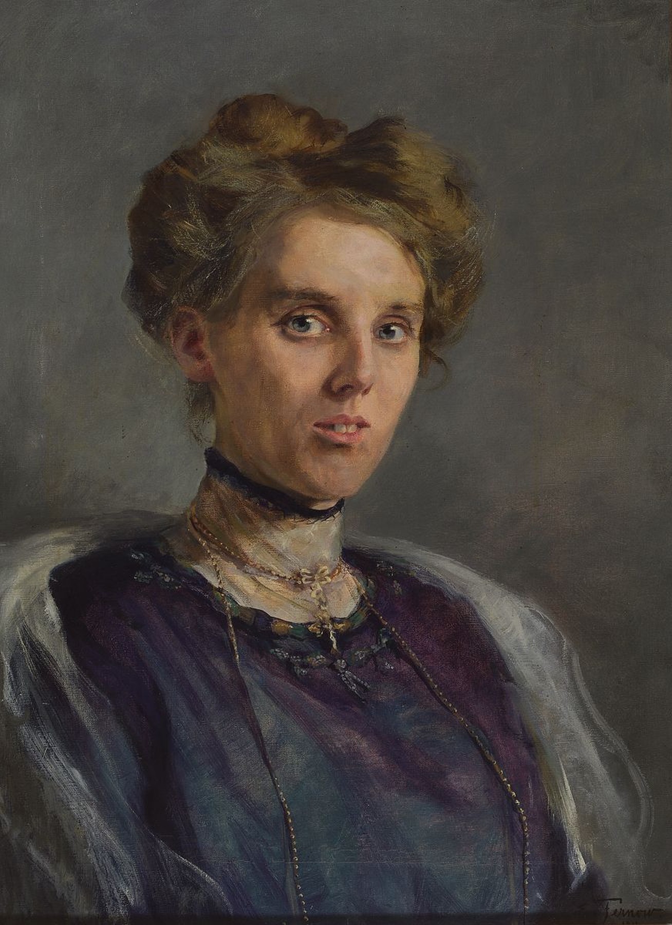 S. Fernow, datiert 1911 (?), Porträt einer jungen Frau im blauen Kleid, Öl/Lwd, die Frau blickt den Betrachter direkt an, gute Stofflichkeit, sehr ...