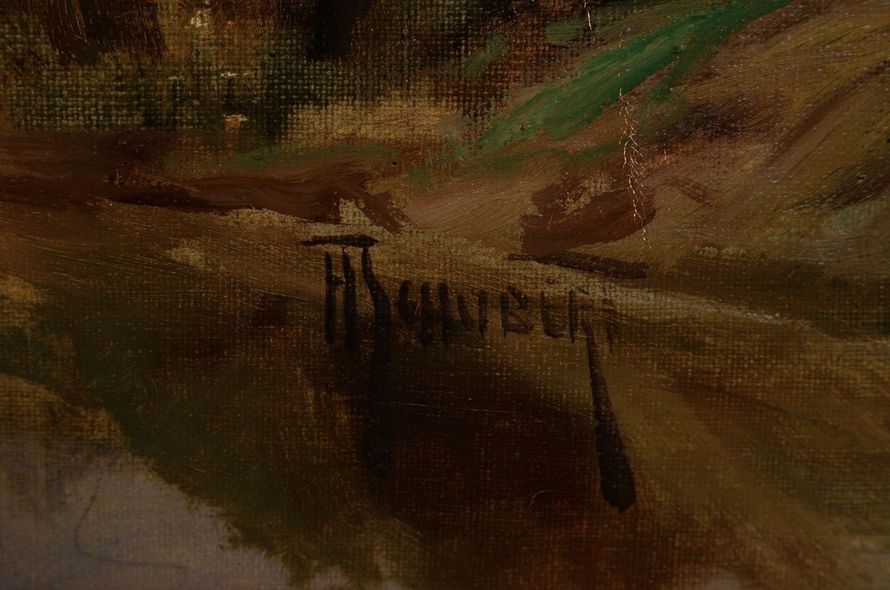 Detail a: H. Schubert, wohl 30er Jahre, Seelandschaft mit Bauernhaus, Öl/Lwd, re. unten signiert, zwei Leinwandschäden, ca. 55 x 80 cm, Rahmen