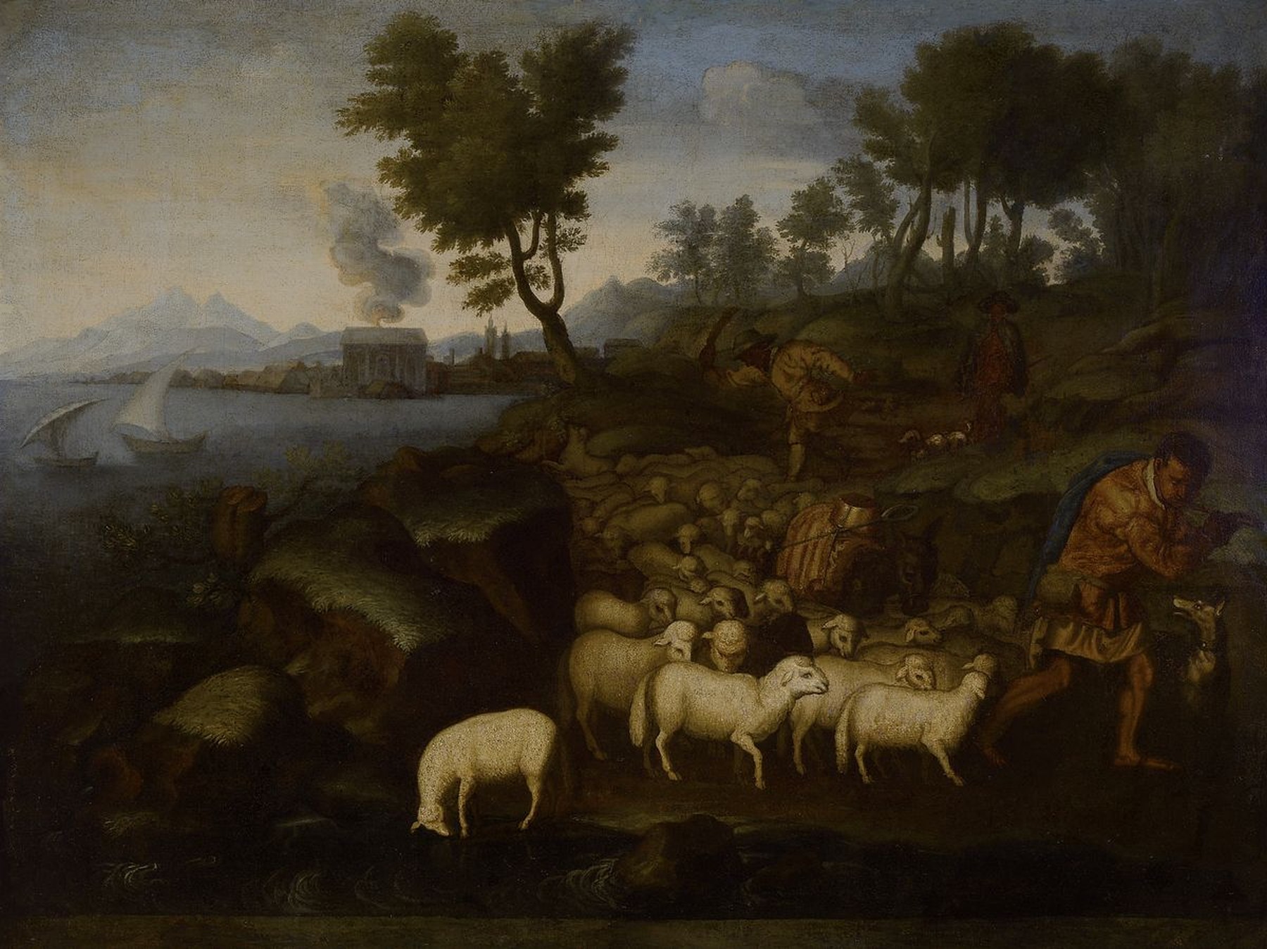 Niederländischer Künstler, um 1720, Schäfer mit Tieren und Hütehund begleitet von Musikant mit Flöte und Treiber mit kleinem Weinfass, ...