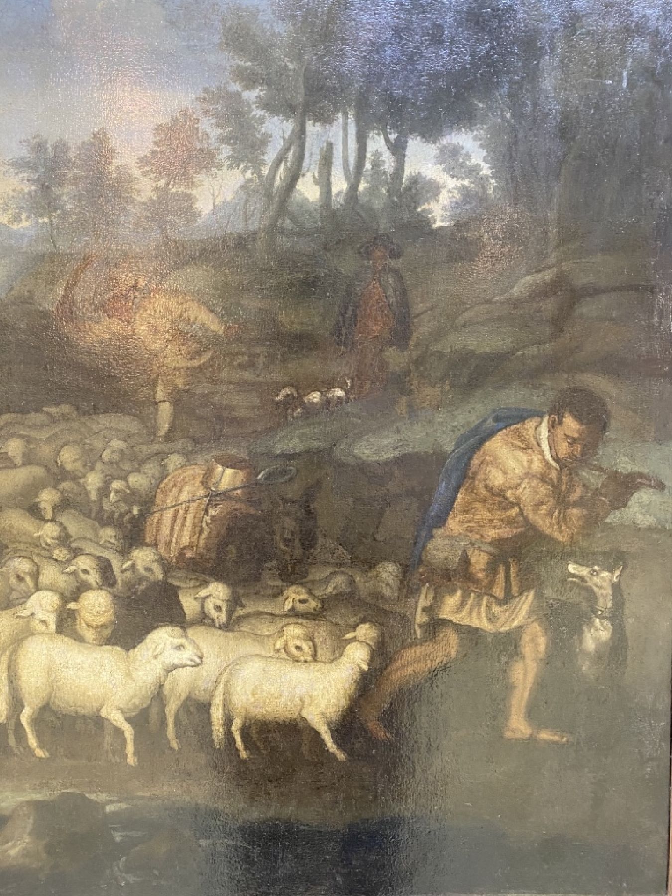 Detail c: Niederländischer Künstler, um 1720, Schäfer mit Tieren und Hütehund begleitet von Musikant mit Flöte und Treiber mit kleinem Weinfass, ...