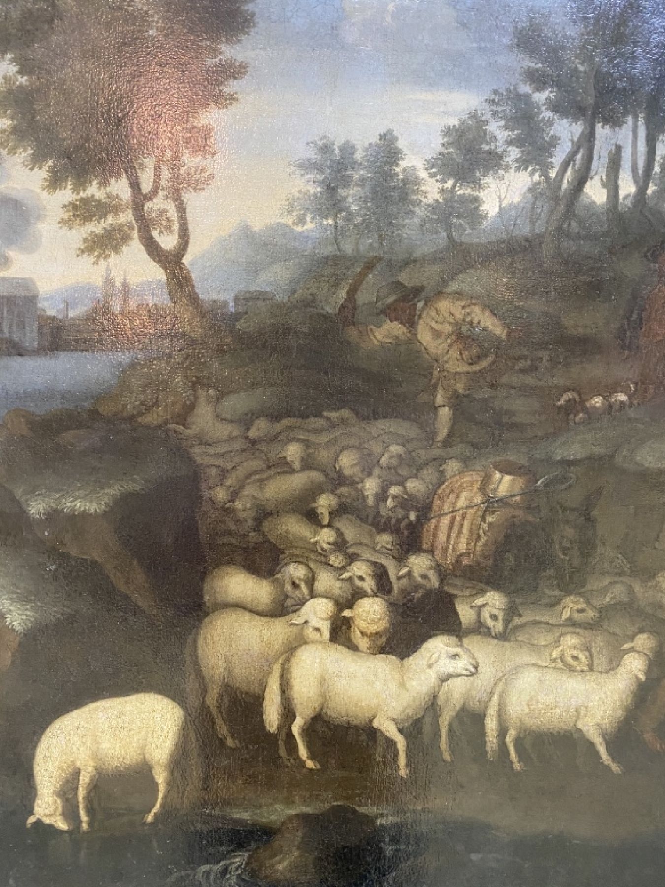 Detail d: Niederländischer Künstler, um 1720, Schäfer mit Tieren und Hütehund begleitet von Musikant mit Flöte und Treiber mit kleinem Weinfass, ...