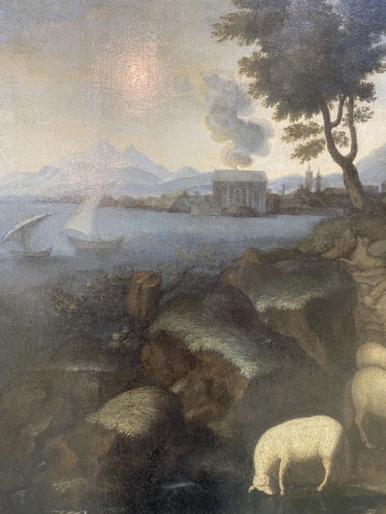 Detail e: Niederländischer Künstler, um 1720, Schäfer mit Tieren und Hütehund begleitet von Musikant mit Flöte und Treiber mit kleinem Weinfass, ...