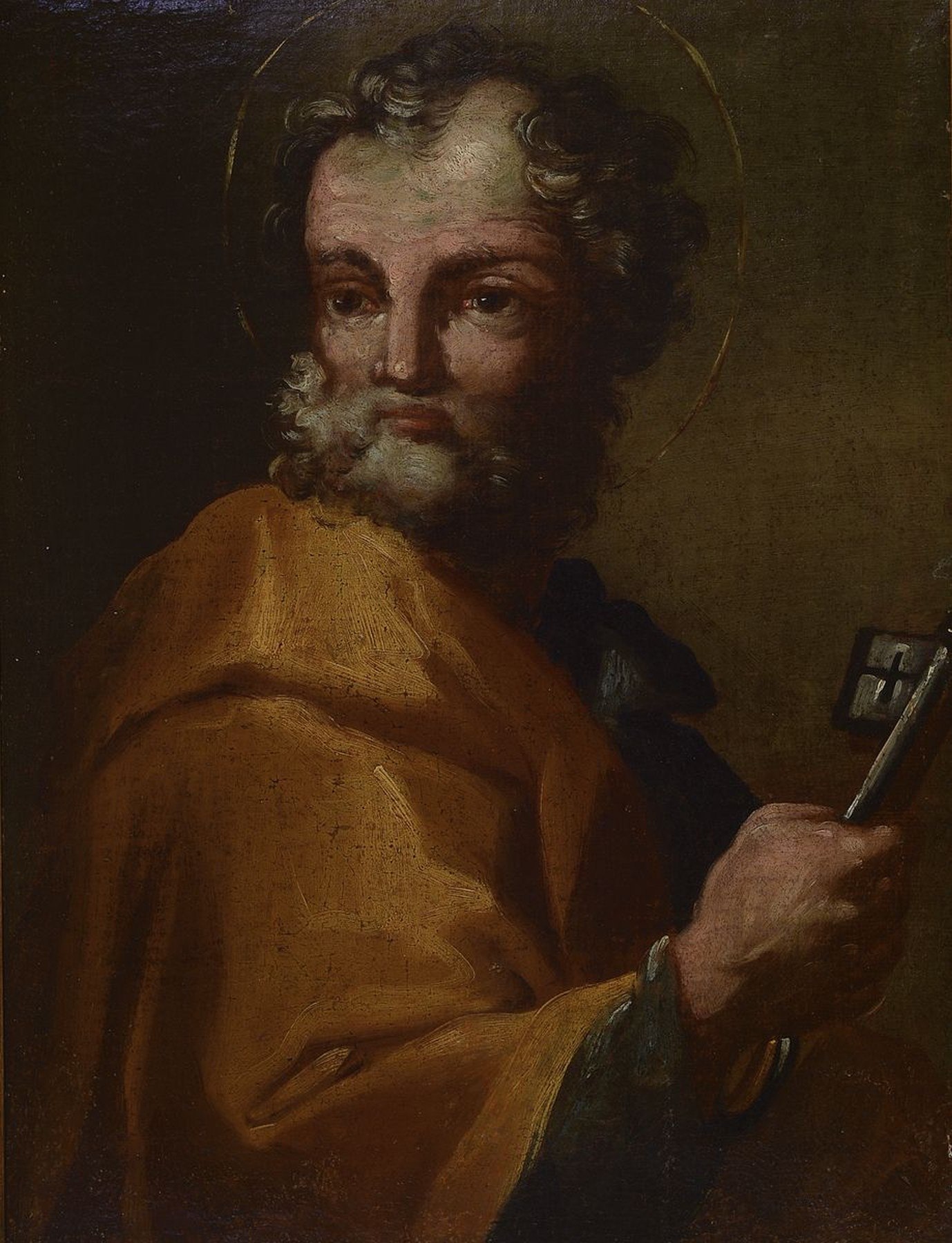Süddeutscher Maler, um 1740/50,, Petrus mit Schlüssel in der Hand, Öl/Lwd, ältere Restauration und doubliert, l. Altersspuren, ca. 40 x 30 cm, ...