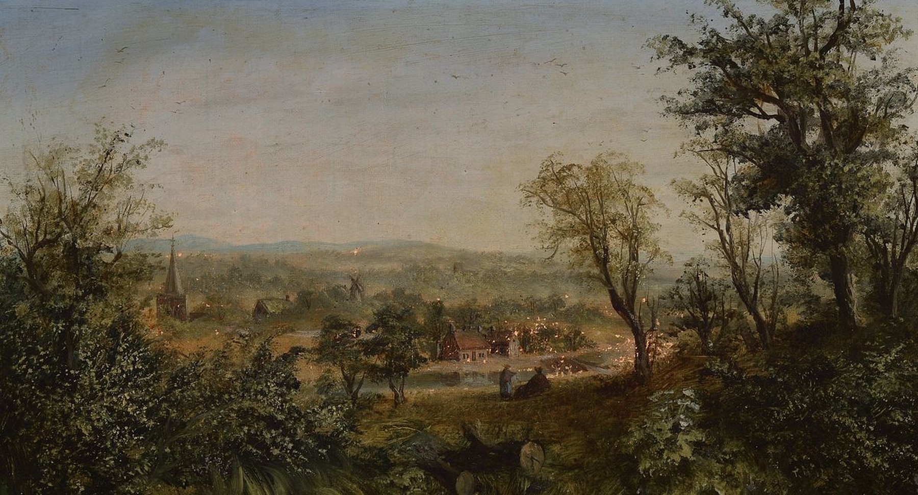 T. Walker, englischer Maler, Mitte 19. Jh., leicht hügelige Landschaft mit Dorf und rastenden Personen in Wales, Öl/Lwd, differenzierte Farbgebung ...