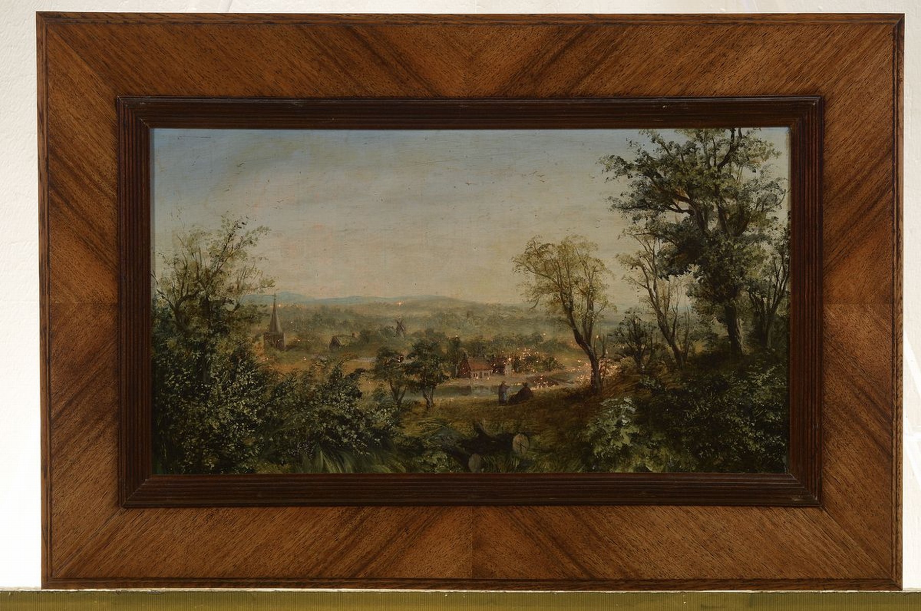 Detail k: T. Walker, englischer Maler, Mitte 19. Jh., leicht hügelige Landschaft mit Dorf und rastenden Personen in Wales, Öl/Lwd, differenzierte Farbgebung ...