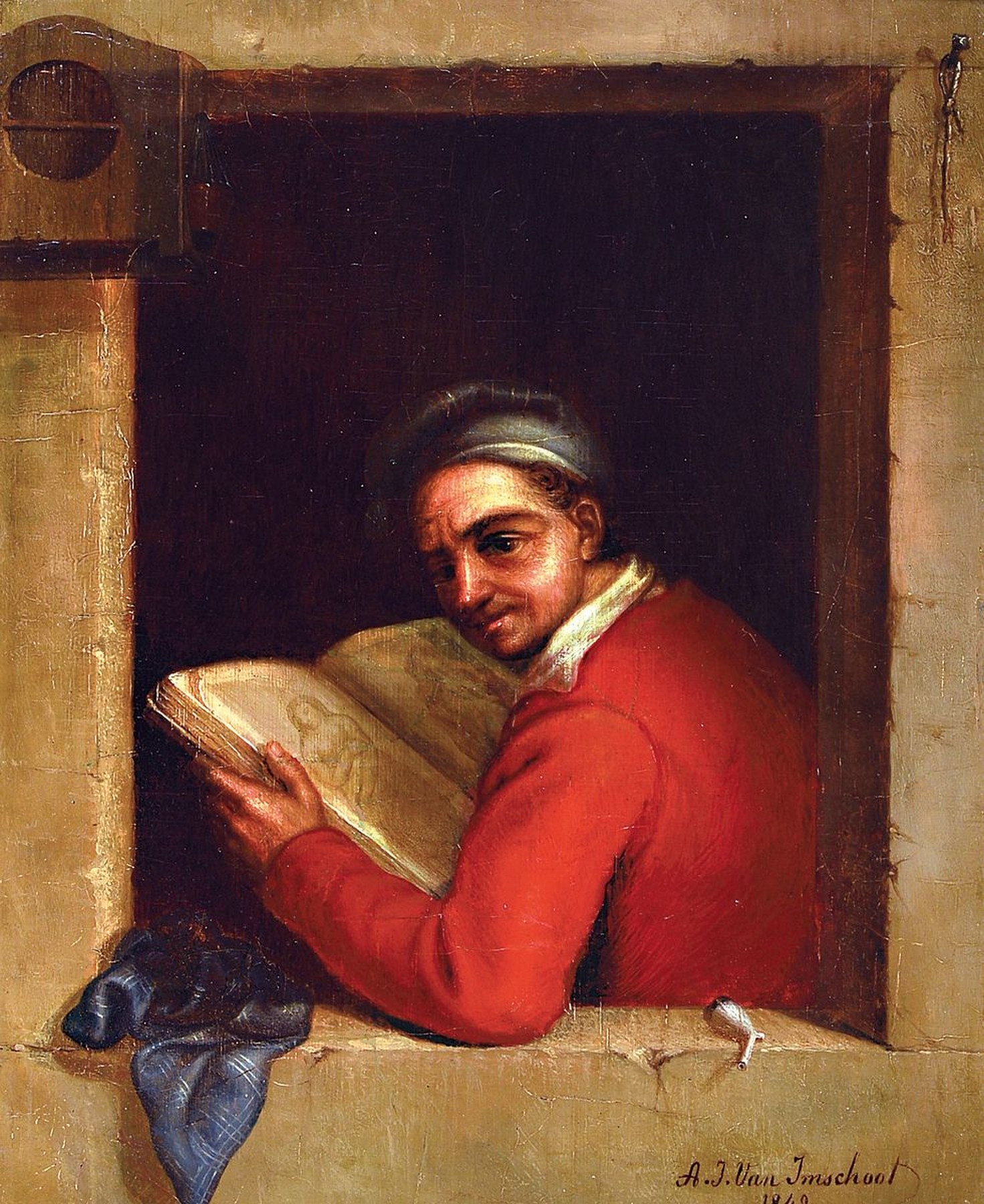 A.J. van Imschoot, datiert 1842, Blick aus dem Fenster, Gelehrter mit Buch in Händen, schaut den Betrachter über die Schulter an, lasierende ...