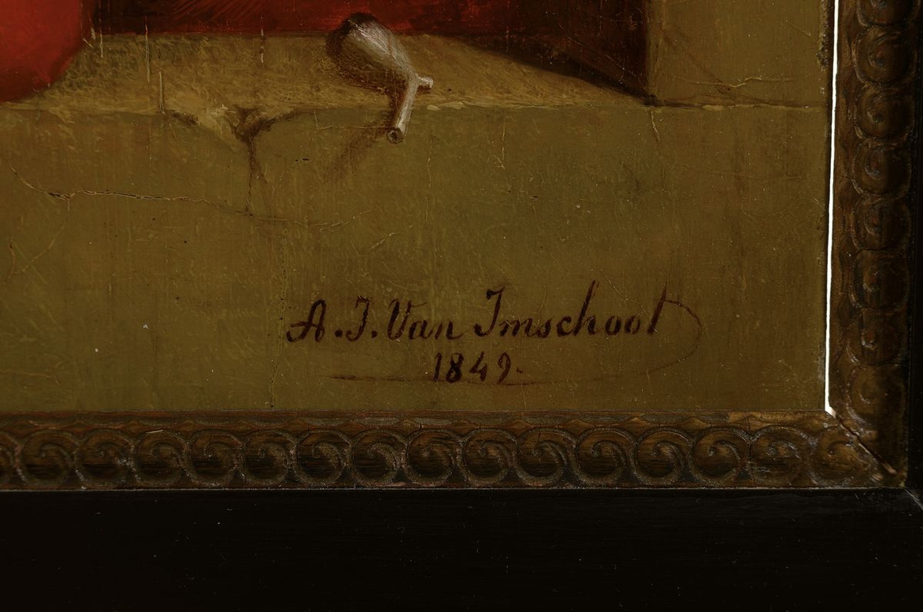 Detail a: A.J. van Imschoot, datiert 1842, Blick aus dem Fenster, Gelehrter mit Buch in Händen, schaut den Betrachter über die Schulter an, lasierende ...