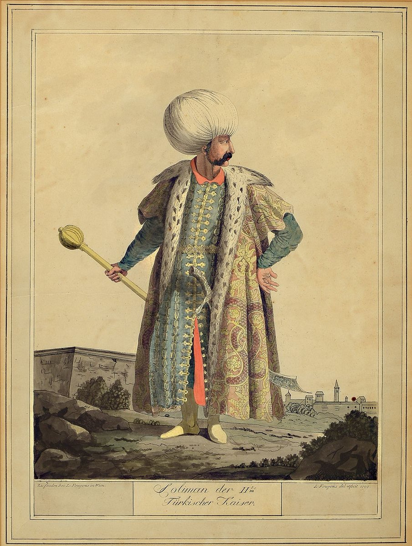 L. Fougous, Wien, datiert 1799, früher Stahlstich aquarelliert, Soliman der IIte, türkische Kaiser, l. gebräunt bzw. Altersspuren, unter Glas, ...