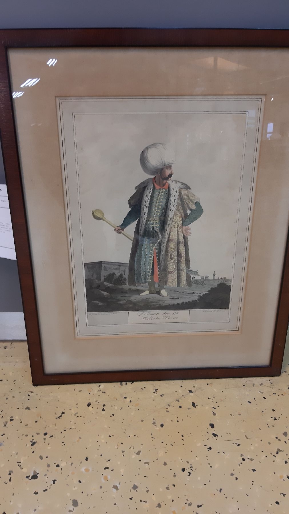 Detail b: L. Fougous, Wien, datiert 1799, früher Stahlstich aquarelliert, Soliman der IIte, türkische Kaiser, l. gebräunt bzw. Altersspuren, unter Glas, ...