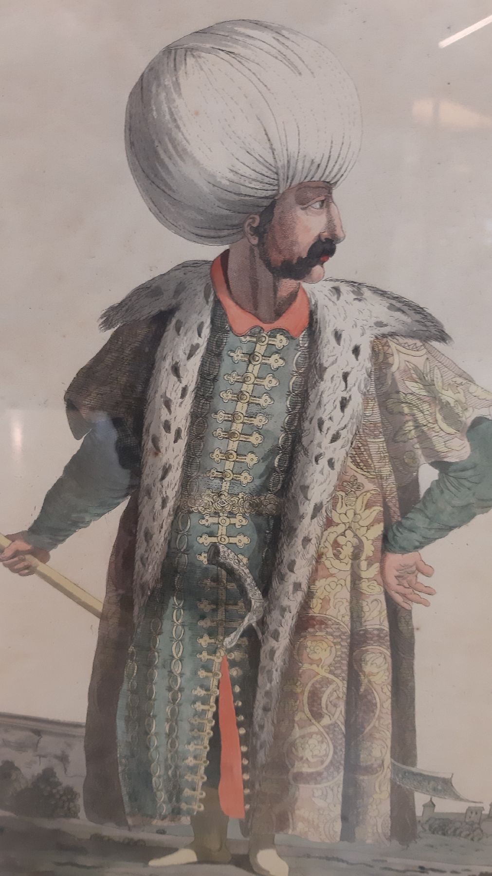 Detail f: L. Fougous, Wien, datiert 1799, früher Stahlstich aquarelliert, Soliman der IIte, türkische Kaiser, l. gebräunt bzw. Altersspuren, unter Glas, ...