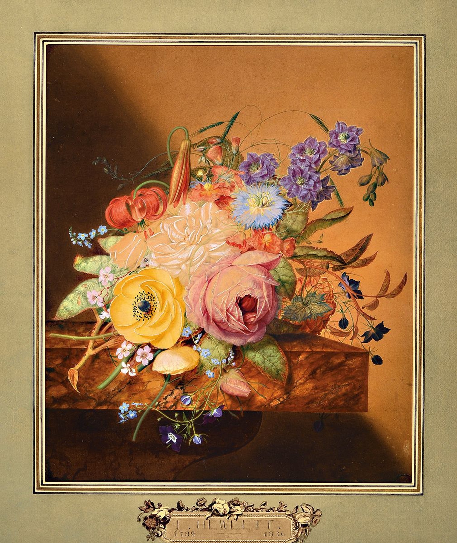 Zuschreibung James Hewlett, 1768-1836, Blumenstillleben, feine Gouachemalerei auf Papier, hohe Stofflichkeit, auf PP bezeichnet, 38 x 32.5 cm, Rahmen ...