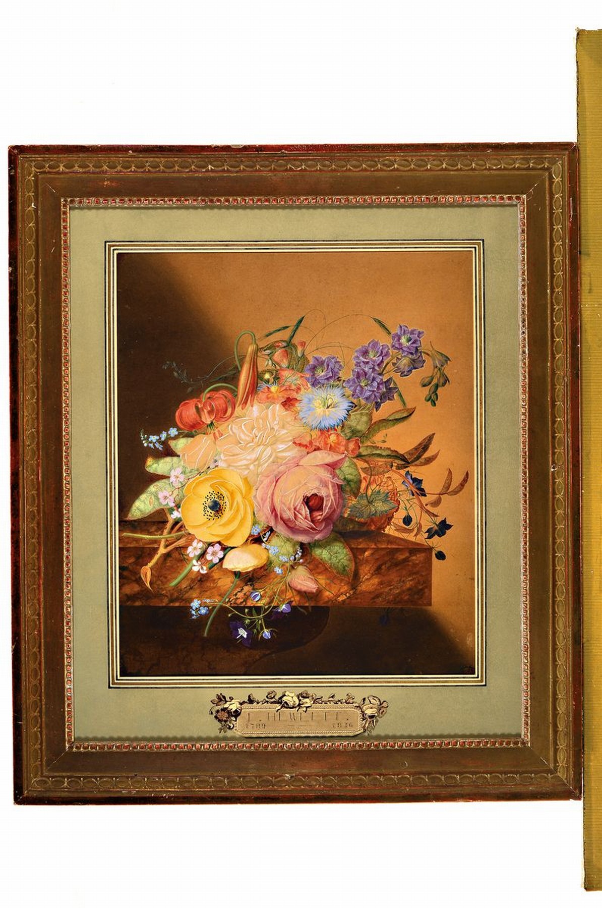 Detail k: Zuschreibung James Hewlett, 1768-1836, Blumenstillleben, feine Gouachemalerei auf Papier, hohe Stofflichkeit, auf PP bezeichnet, 38 x 32.5 cm, Rahmen ...