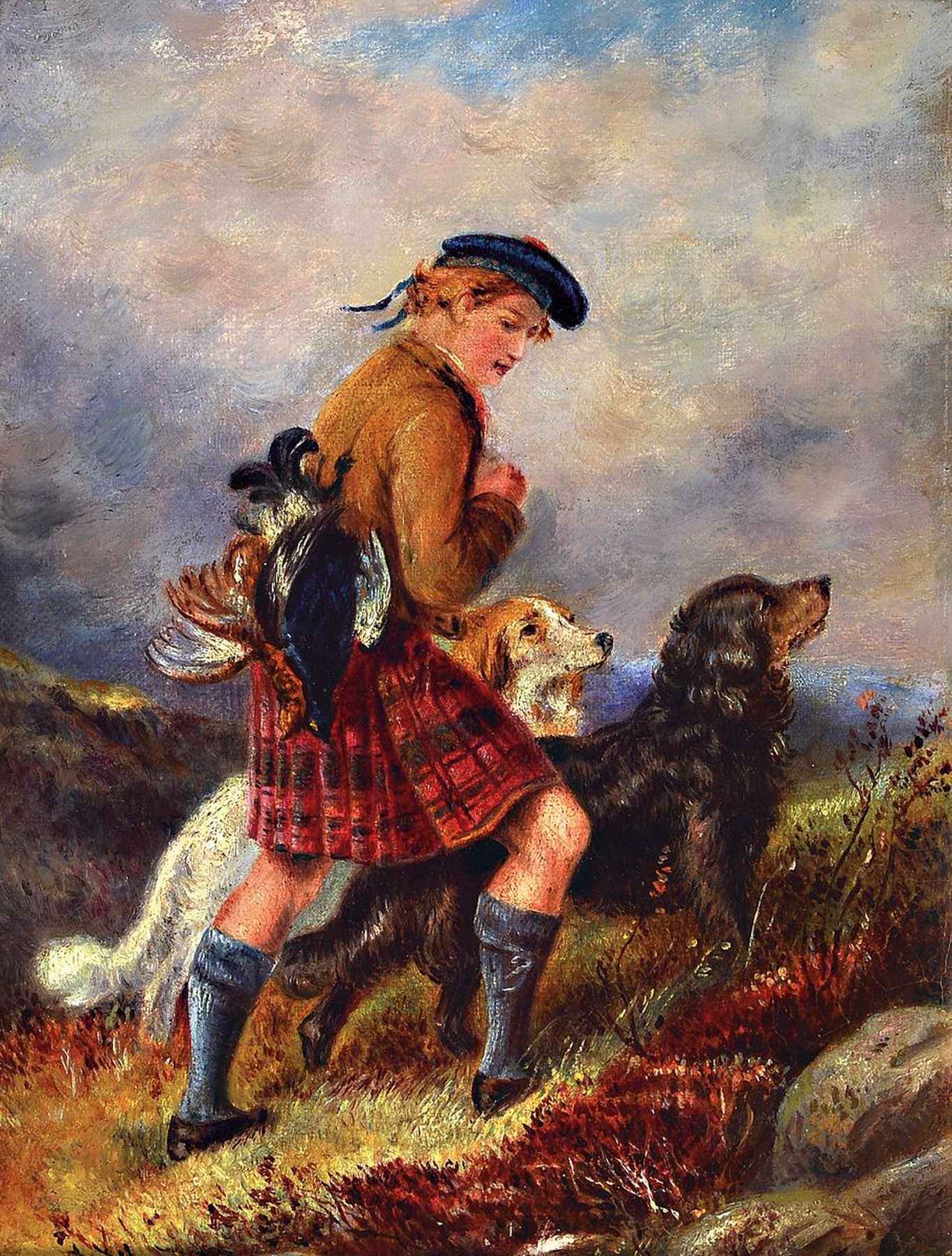 Englischer Maler, 2. Hälfte 19. Jh.,, Schotte mit Jagdhunden und erlegtem Federvieh, Öl/Leinwand, unsigniert, l. Alterssp., ca. 25.5 x 17.5 cm, ...
