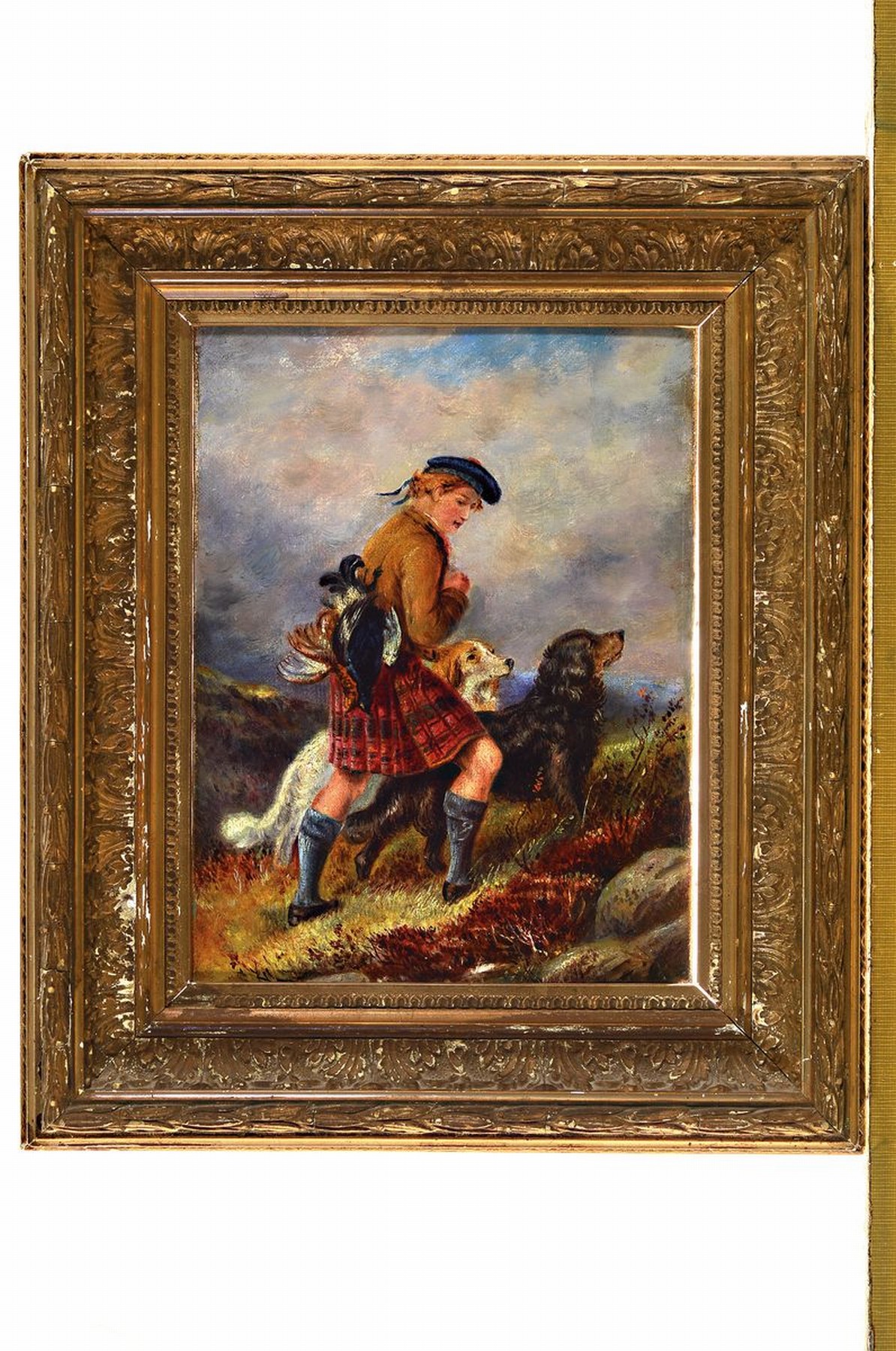 Detail k: Englischer Maler, 2. Hälfte 19. Jh.,, Schotte mit Jagdhunden und erlegtem Federvieh, Öl/Leinwand, unsigniert, l. Alterssp., ca. 25.5 x 17.5 cm, ...