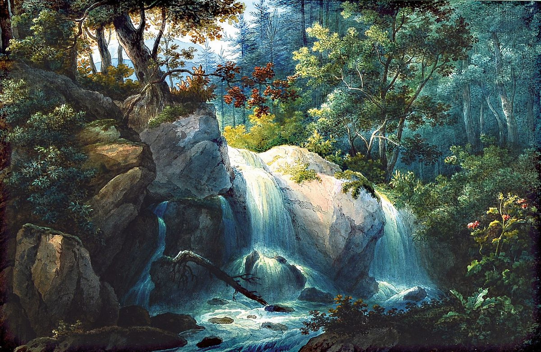 Süddeutscher Aquarellist, Mitte 19. Jh., Gebirgslandschaft mit Wasserfall, feine detailreiche Malerei, unsigniert, ca. 26 x 40 cm, unter Glas, ...
