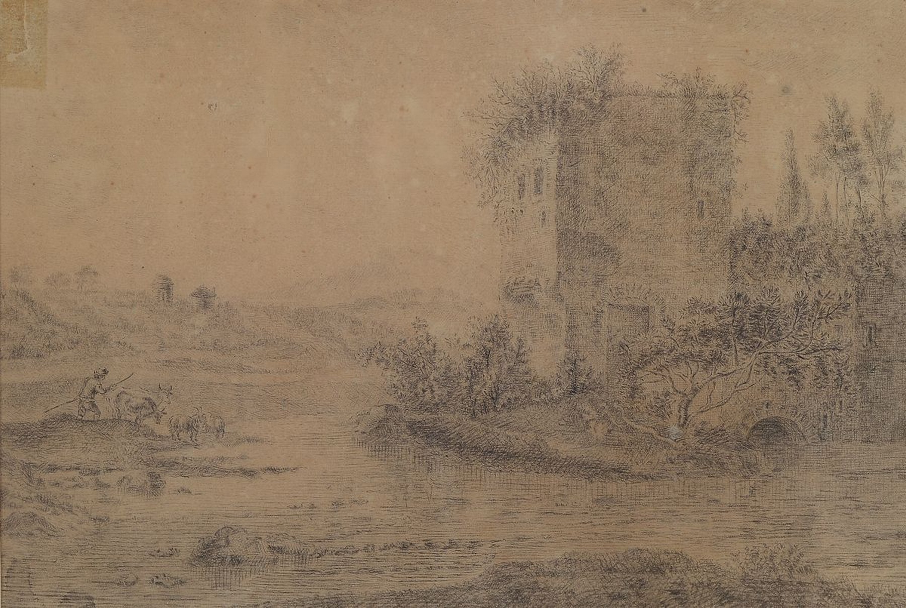 englischer Künstler, um 1830, ideal. Landschaft mit Hirte und Tieren, Bleistiftzeichnung, Papier gebräunt und l. besch., ca. 16 x 23 cm, unter ...