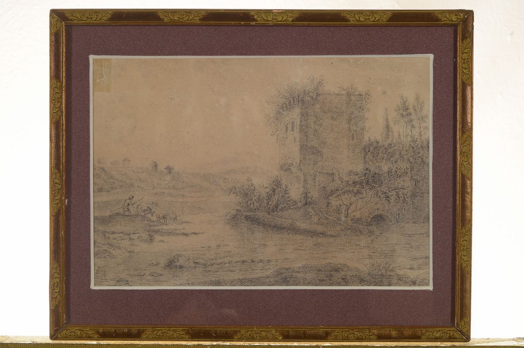 Detail k: englischer Künstler, um 1830, ideal. Landschaft mit Hirte und Tieren, Bleistiftzeichnung, Papier gebräunt und l. besch., ca. 16 x 23 cm, unter ...