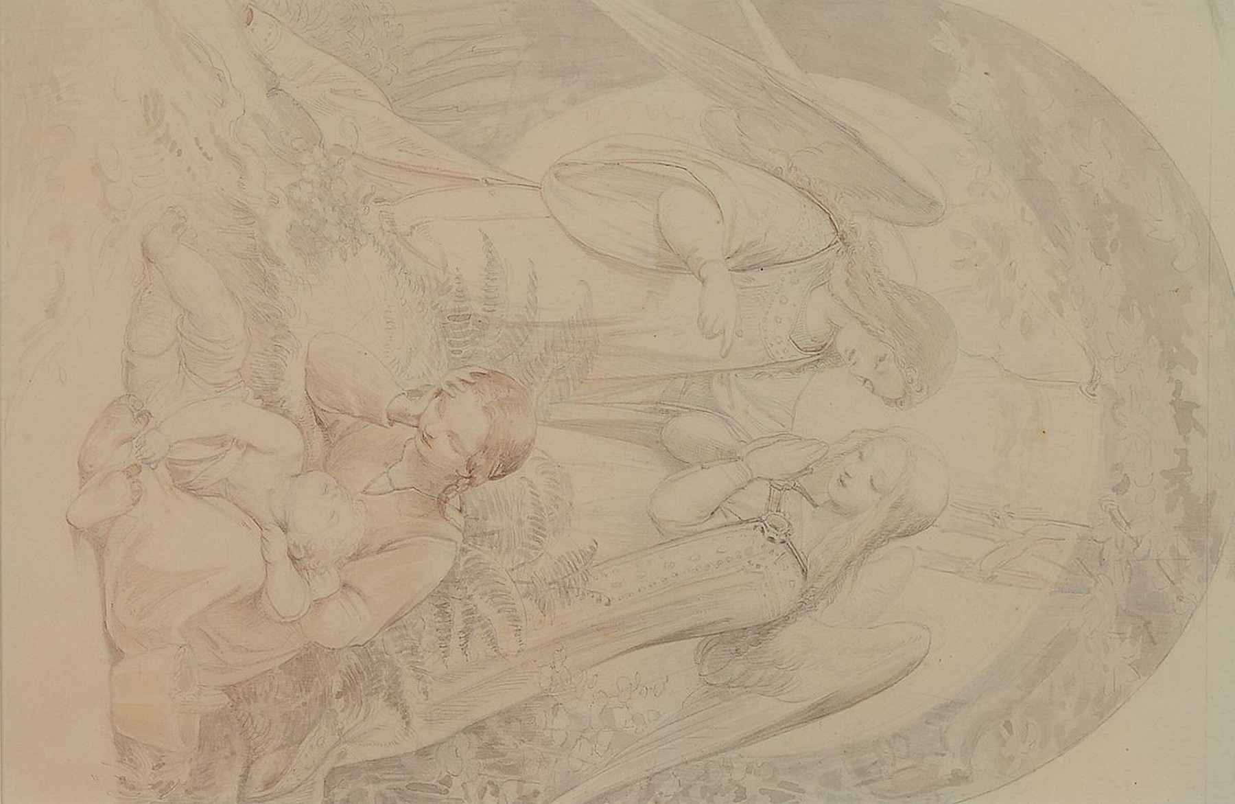 Nazarener, um 1870,, Bleistiftzeichnung aquarelliert, Schutzengel über zwei Kindern, unsigniert, PP, ca. 20.5 x 13 cm, unter Glas, Rahmen: 33 x 27.5 ...