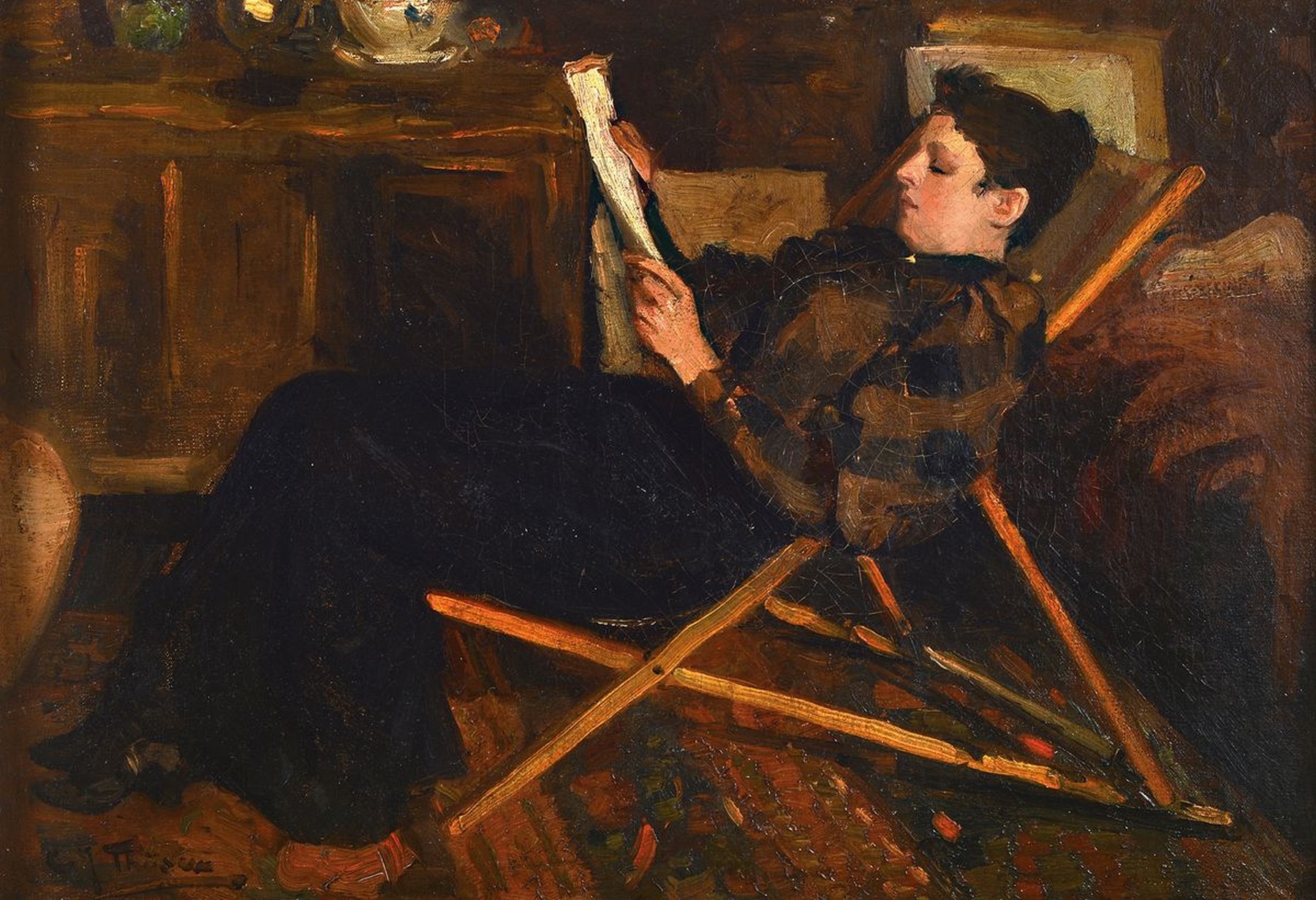 Carolus Johannes Thijsen, 1867 Rotterdam - 1917, junge Frau im Liegestuhl, Öl/Malkarton, entspannt im Liegestuhl liegende junge Frau, aufmerksam die ...