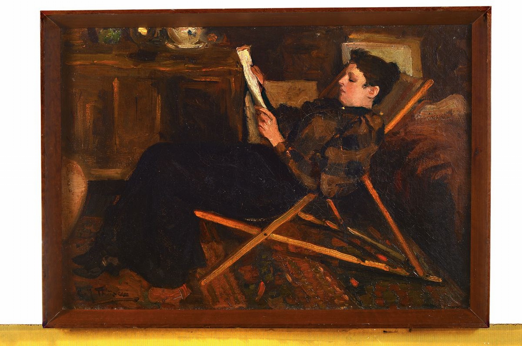 Detail k: Carolus Johannes Thijsen, 1867 Rotterdam - 1917, junge Frau im Liegestuhl, Öl/Malkarton, entspannt im Liegestuhl liegende junge Frau, aufmerksam die ...