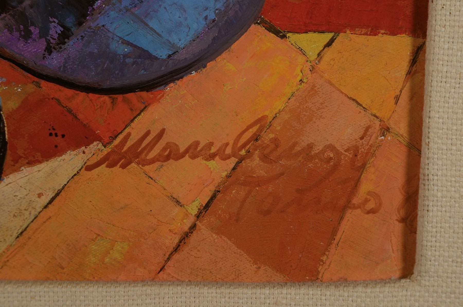 Detail e: Mambengi Tondo, zeitgenössischer Künstler aus der Republik, Kongo, hockende junge Frau mit Gefäß, Acryl/Karton, signiert und dat. 8?, ca. 66 x 48 ...