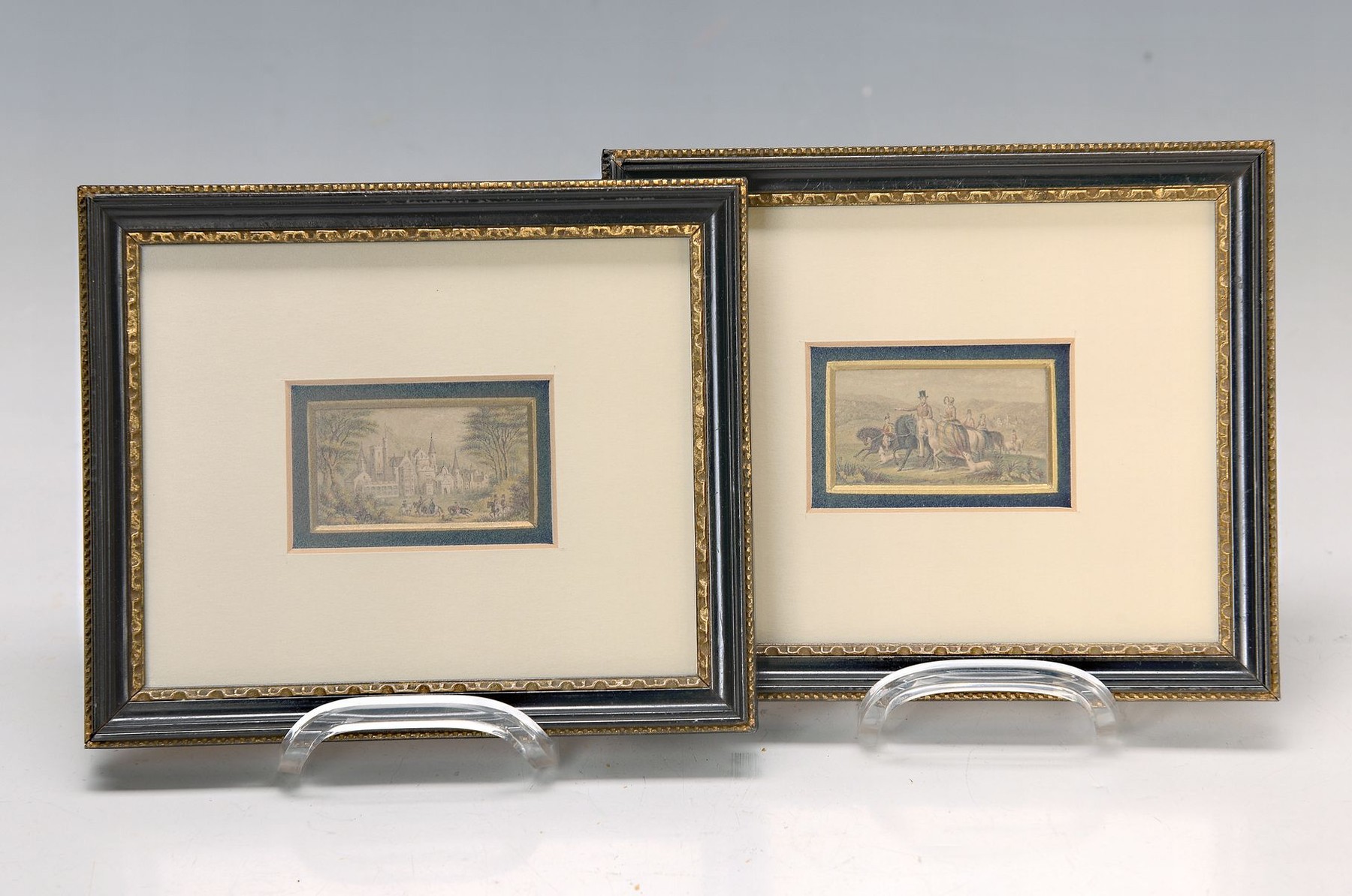 Paar englische Miniaturmalereien, um 1820, zwei Aquarelle, englische Landschaft mit großem Herrenhaus und Reitgesellschaft davor u. Ausritt, ca. 2.5 ...