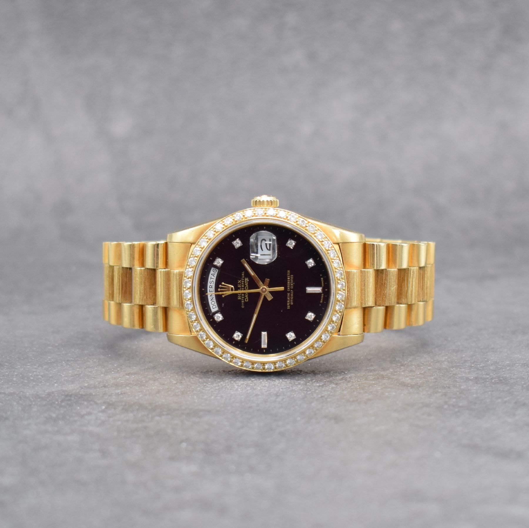 ROLEX Oyster Perpetual Day-Date Herrenarmbanduhr in GG 750/000 Ref. 18248 mit original Zertifikat, Schweiz verk. 12/1989, Automatik, R-Serie, ...