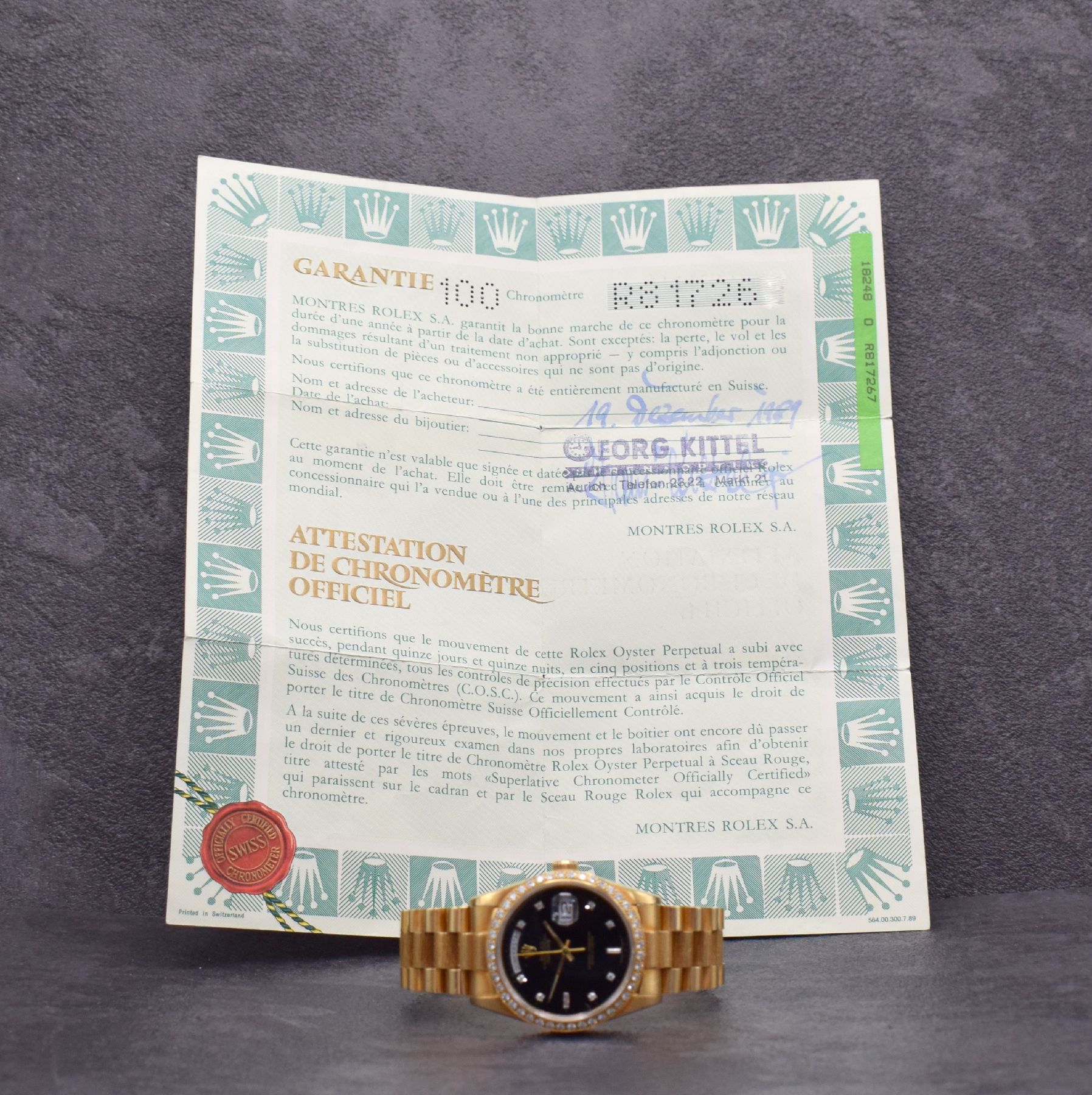 Detail h: ROLEX Oyster Perpetual Day-Date Herrenarmbanduhr in GG 750/000 Ref. 18248 mit original Zertifikat, Schweiz verk. 12/1989, Automatik, R-Serie, ...