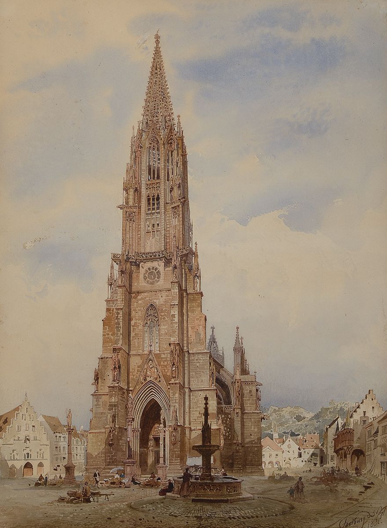 Unbekannter Maler um 1868, Darstellung des Freiburger Münsters mit reichen Skulpturen, Hintergrund Stadtansicht, Aquarell, sehr reiche ...