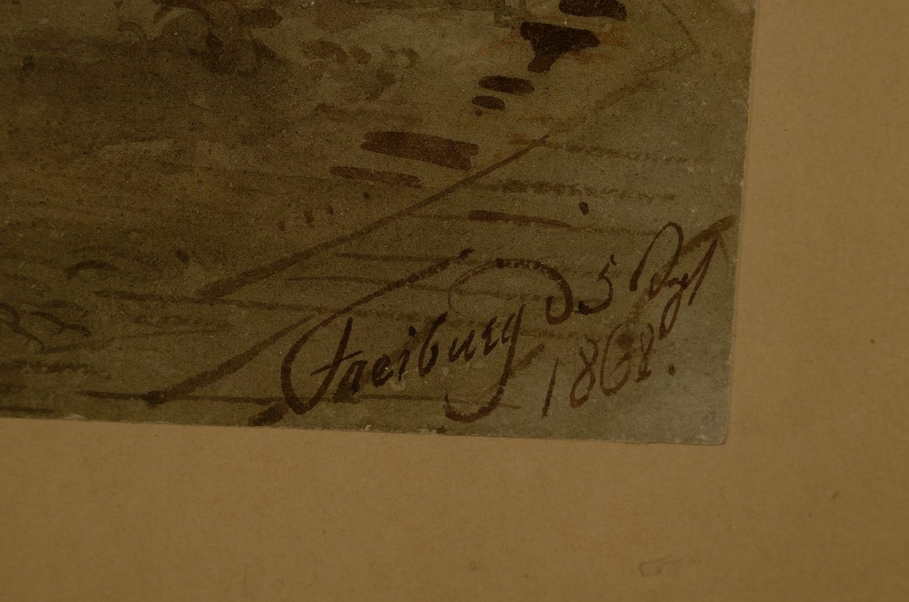 Detail a: Unbekannter Maler um 1868, Darstellung des Freiburger Münsters mit reichen Skulpturen, Hintergrund Stadtansicht, Aquarell, sehr reiche ...