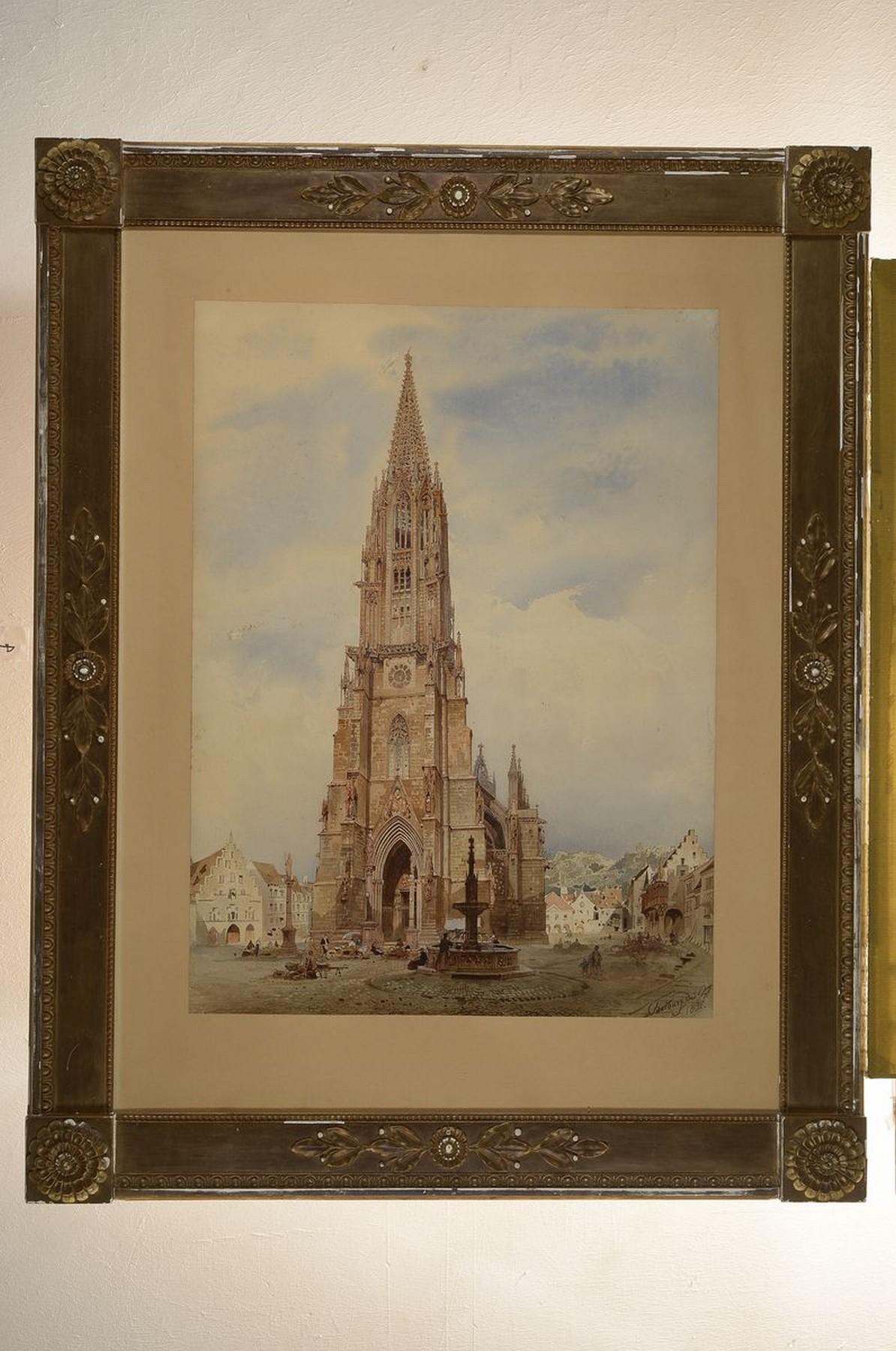 Detail k: Unbekannter Maler um 1868, Darstellung des Freiburger Münsters mit reichen Skulpturen, Hintergrund Stadtansicht, Aquarell, sehr reiche ...
